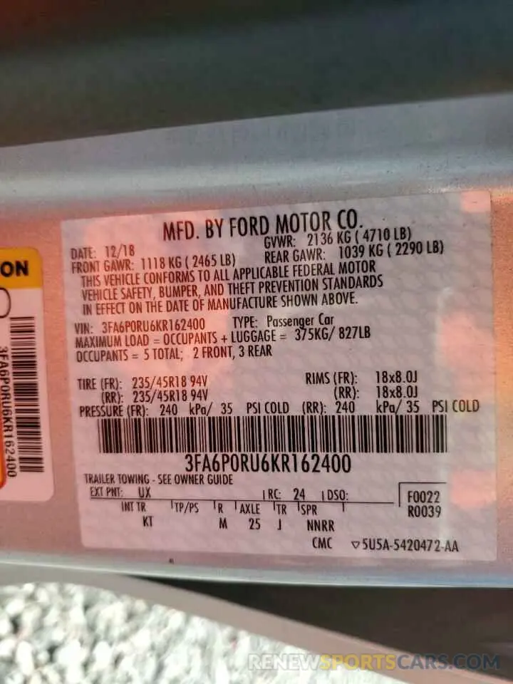 12 Photograph of a damaged car 3FA6P0RU6KR162400 FORD FUSION 2019