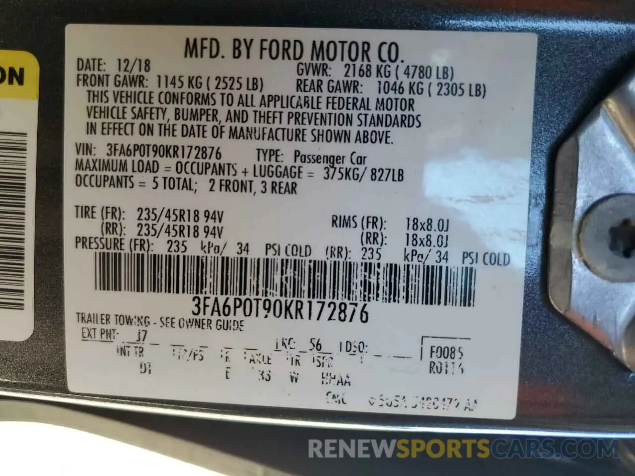 14 Photograph of a damaged car 3FA6P0T90KR172876 FORD FUSION 2019