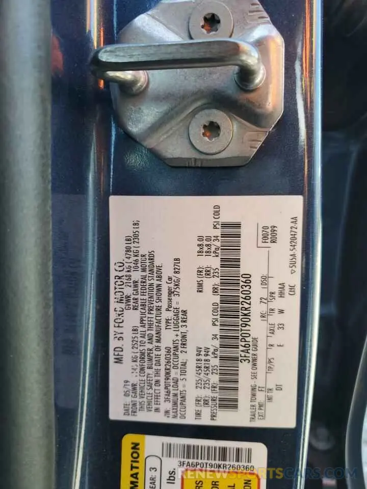 12 Photograph of a damaged car 3FA6P0T90KR260360 FORD FUSION 2019