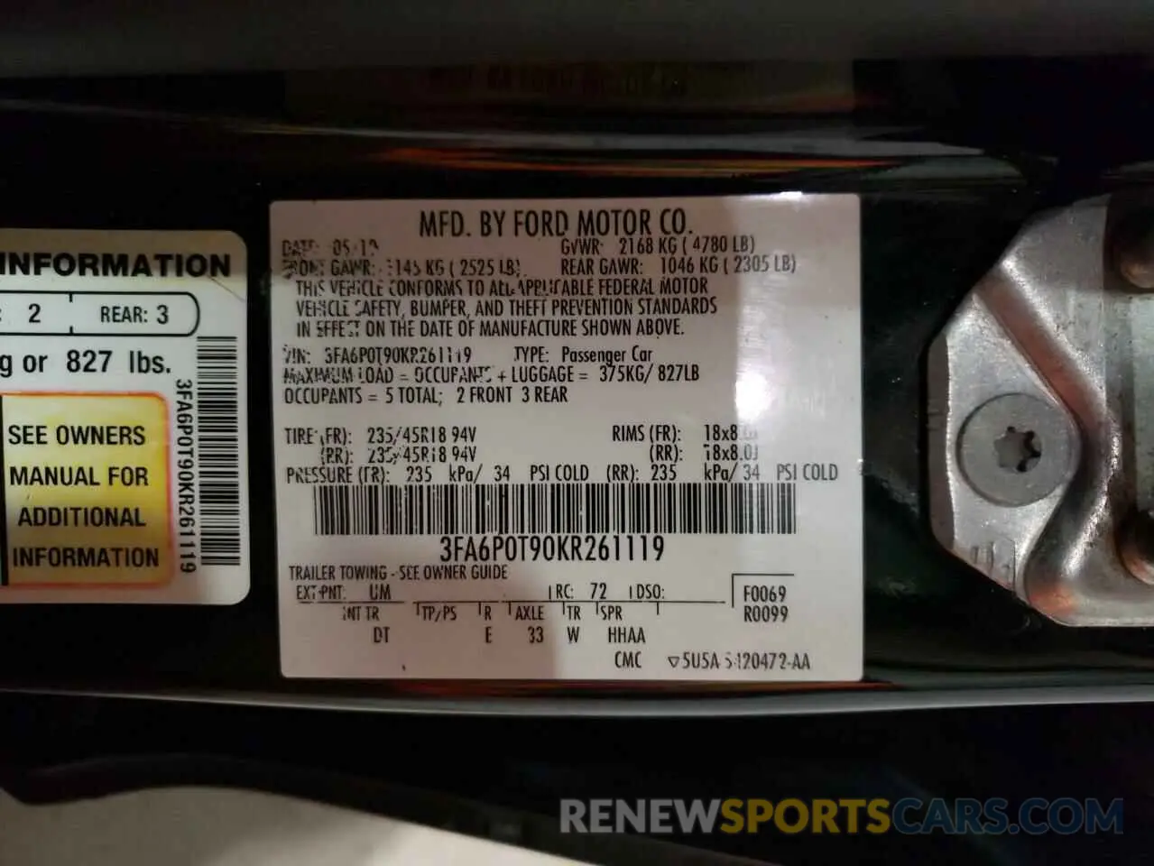 12 Photograph of a damaged car 3FA6P0T90KR261119 FORD FUSION 2019