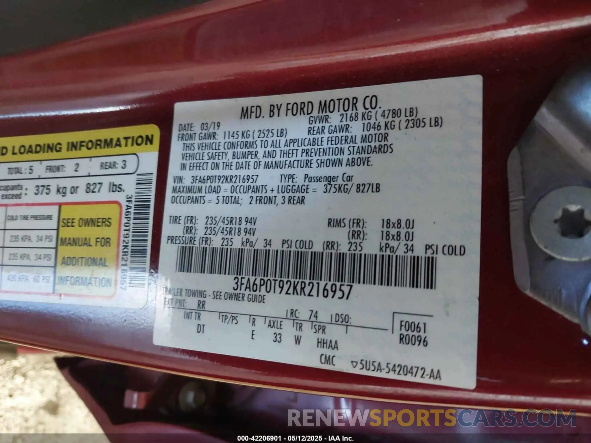 9 Фотография поврежденного автомобиля 3FA6P0T92KR216957 FORD FUSION 2019