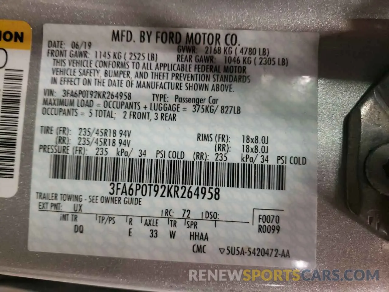12 Photograph of a damaged car 3FA6P0T92KR264958 FORD FUSION 2019