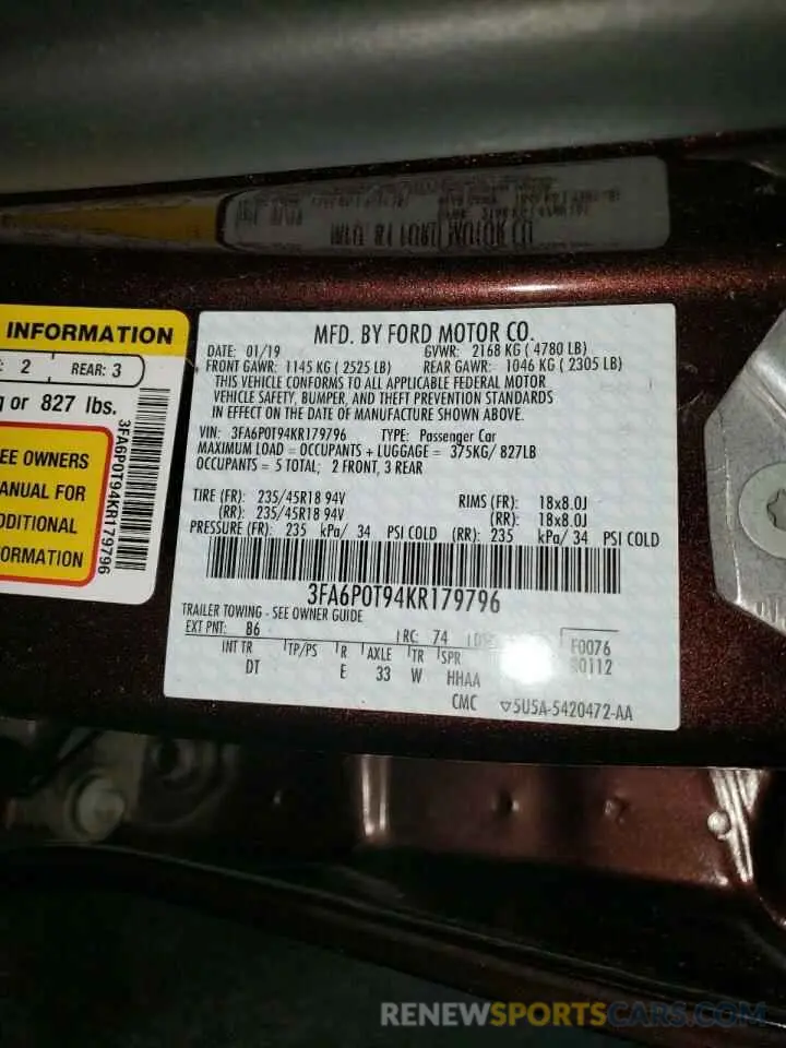 12 Фотография поврежденного автомобиля 3FA6P0T94KR179796 FORD FUSION 2019