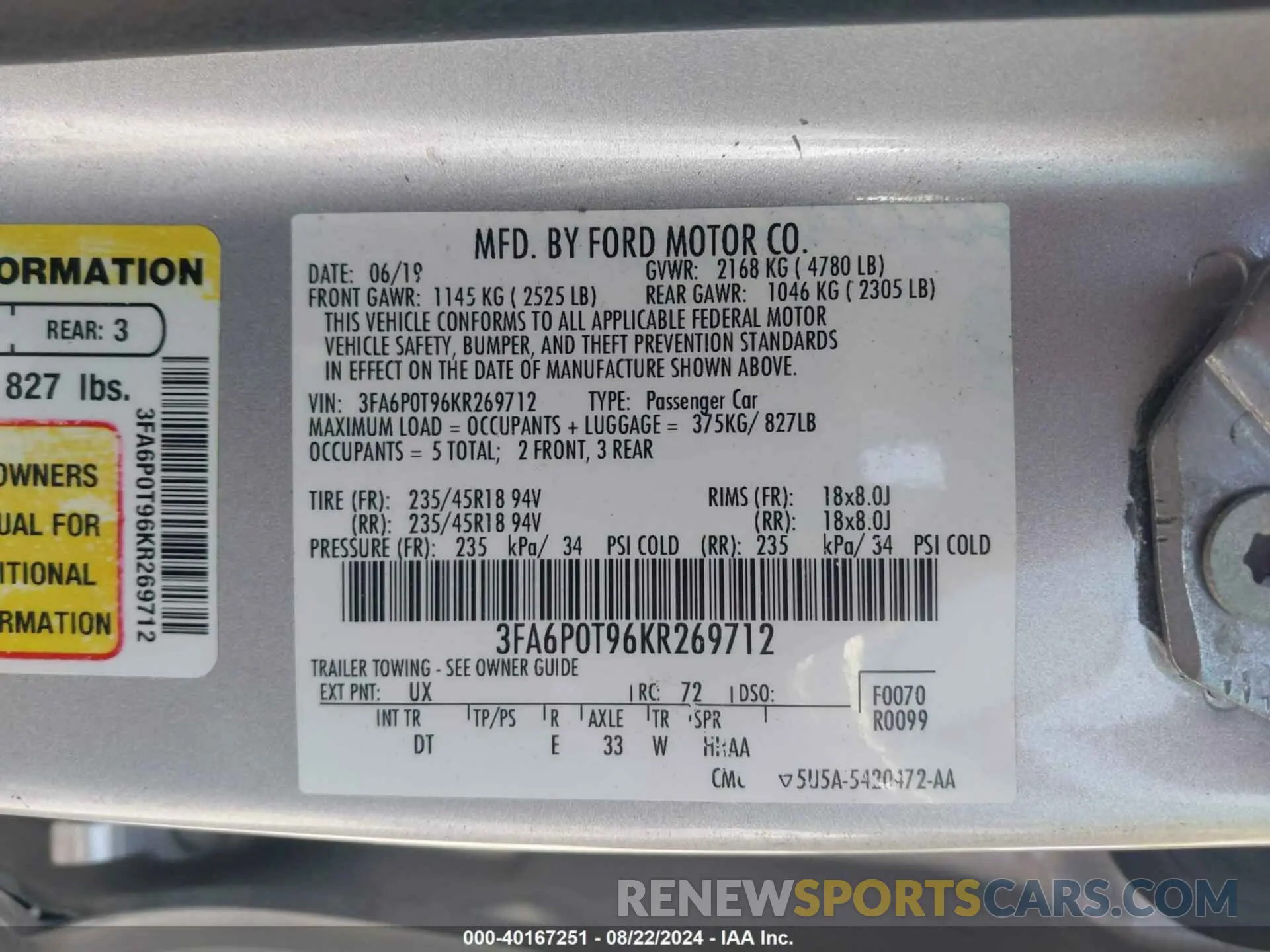 9 Photograph of a damaged car 3FA6P0T96KR269712 FORD FUSION 2019