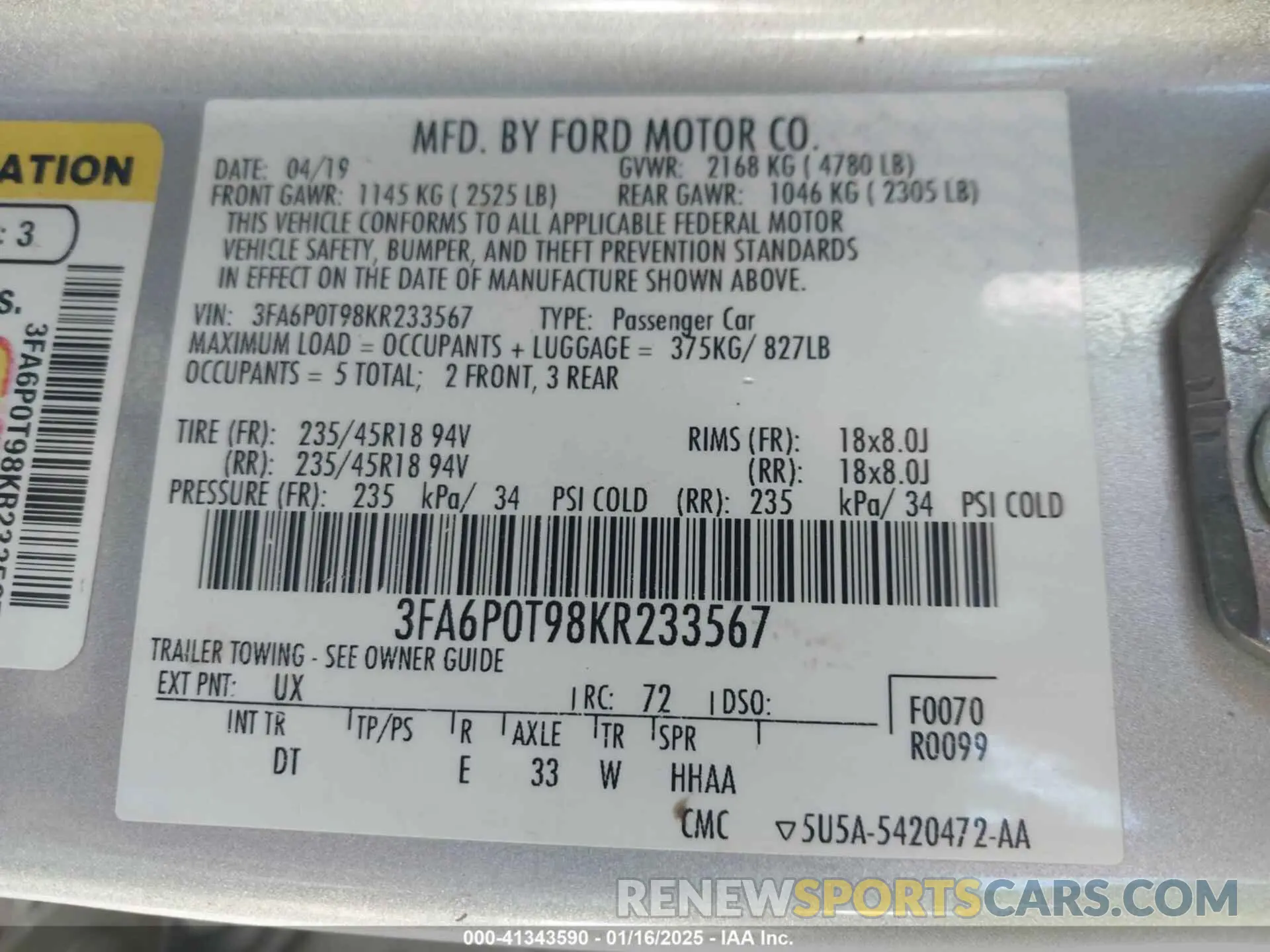 9 Фотография поврежденного автомобиля 3FA6P0T98KR233567 FORD FUSION 2019