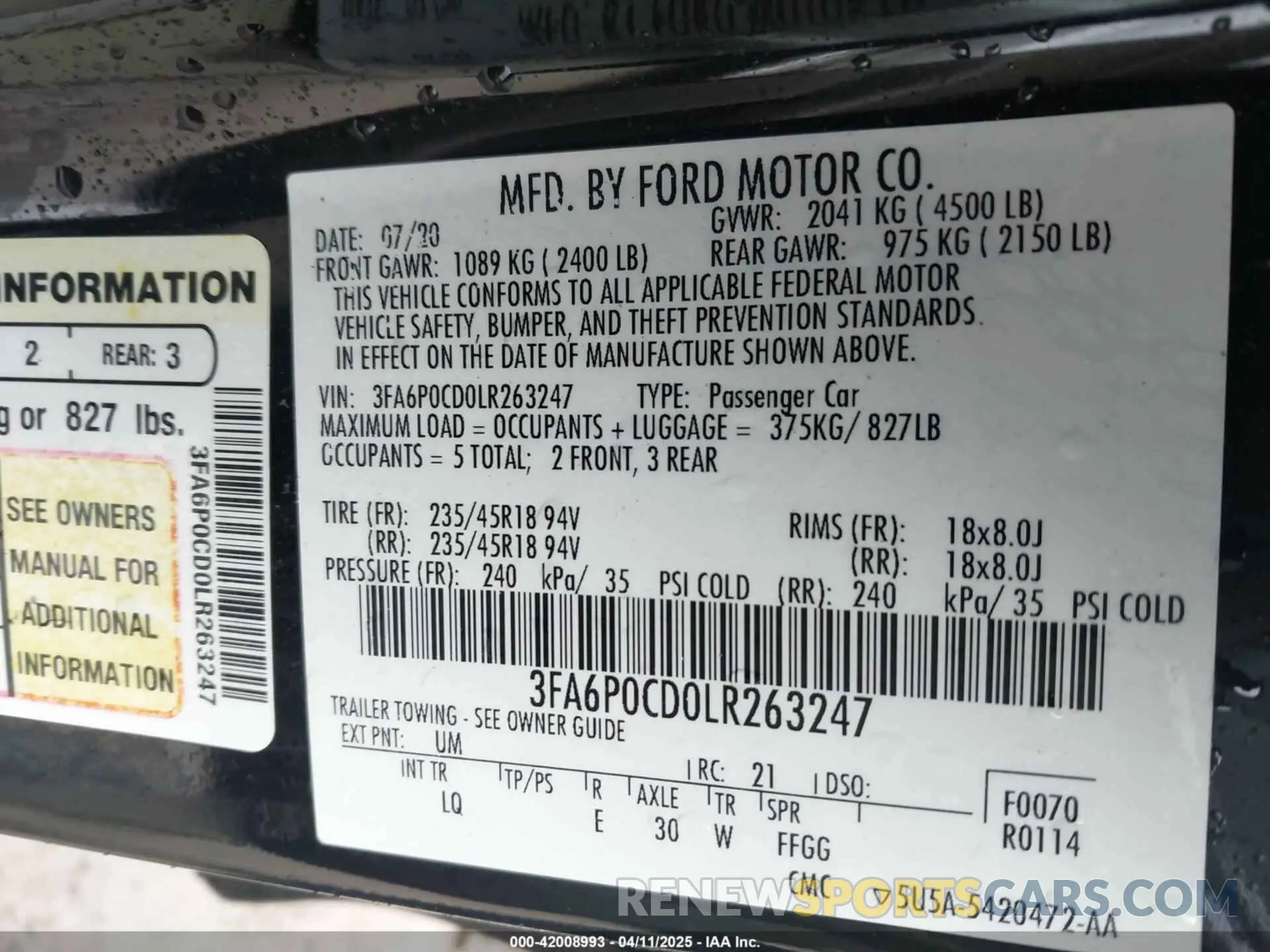 9 Фотография поврежденного автомобиля 3FA6P0CD0LR263247 FORD FUSION 2020