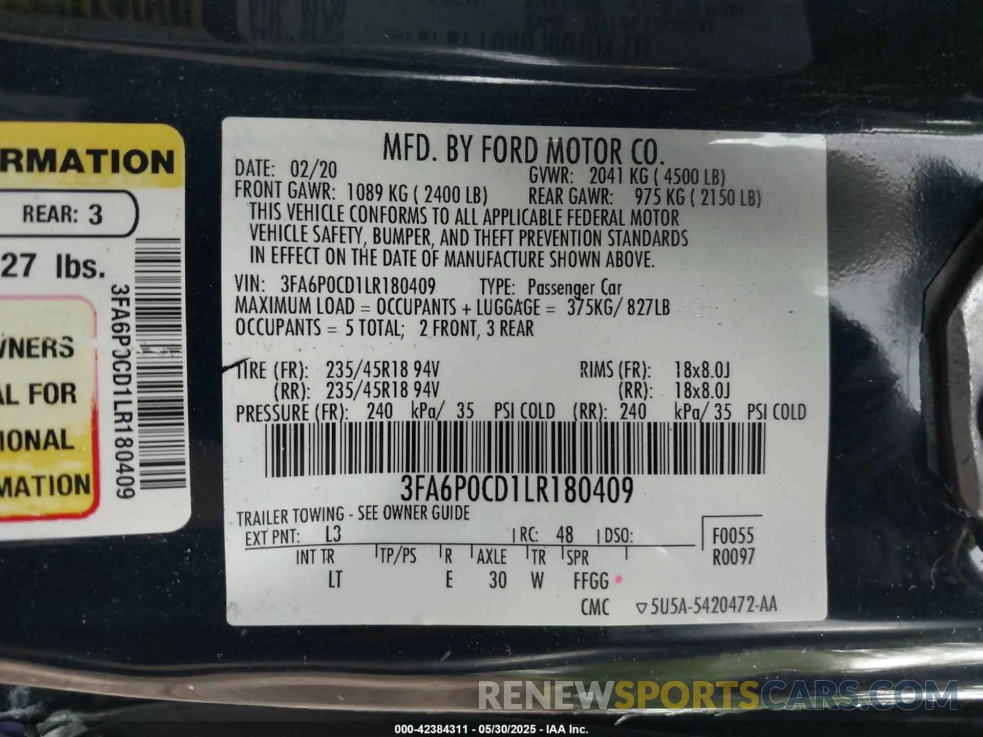 9 Фотография поврежденного автомобиля 3FA6P0CD1LR180409 FORD FUSION 2020