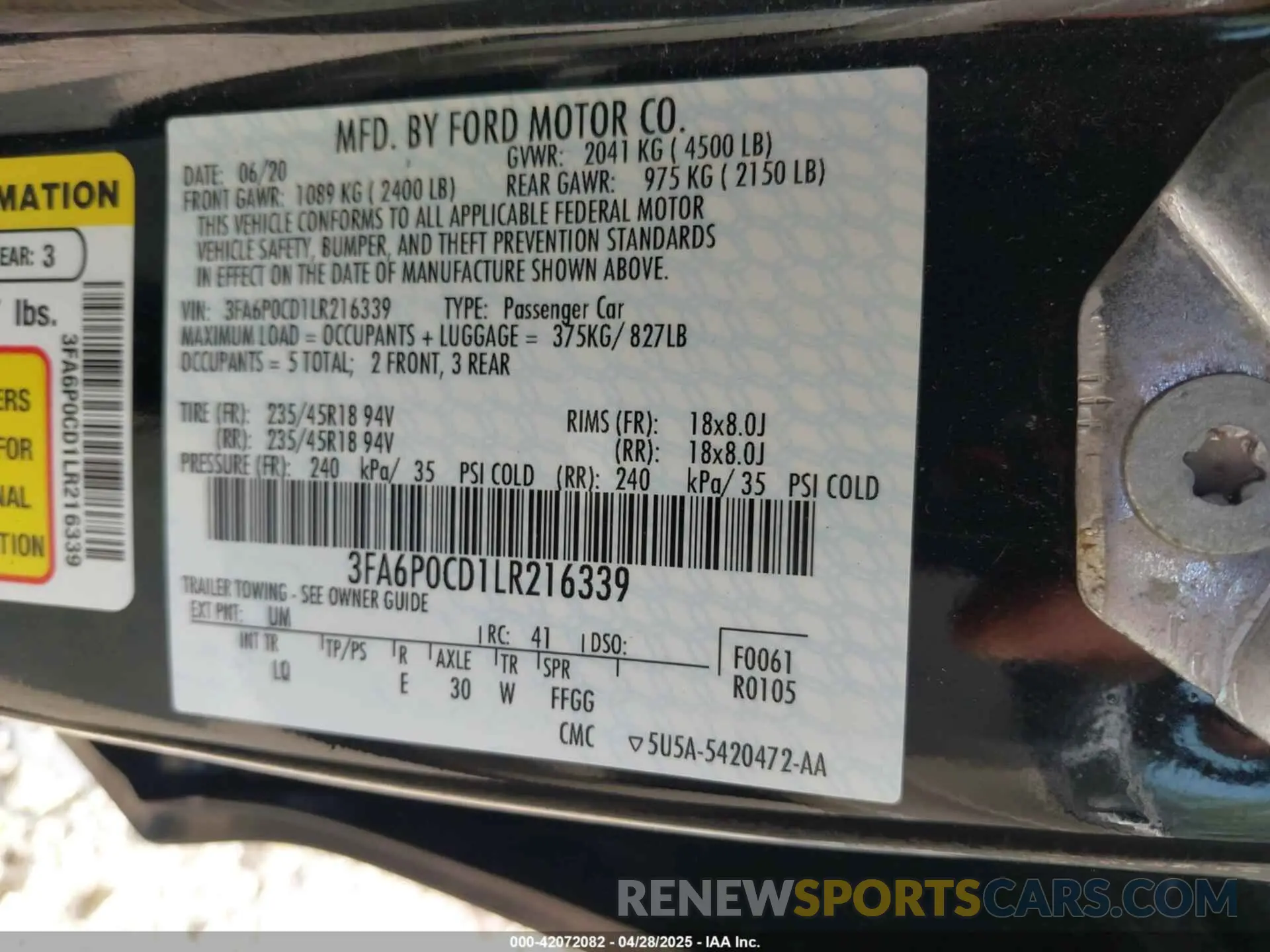 9 Фотография поврежденного автомобиля 3FA6P0CD1LR216339 FORD FUSION 2020