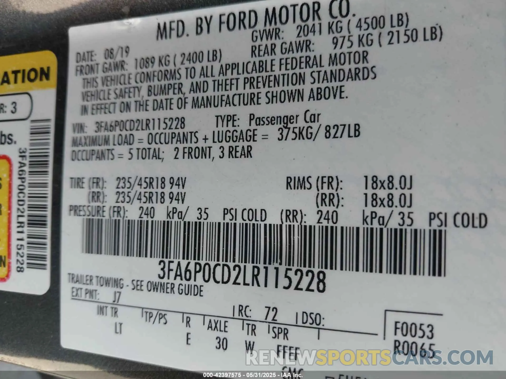 9 Photograph of a damaged car 3FA6P0CD2LR115228 FORD FUSION 2020