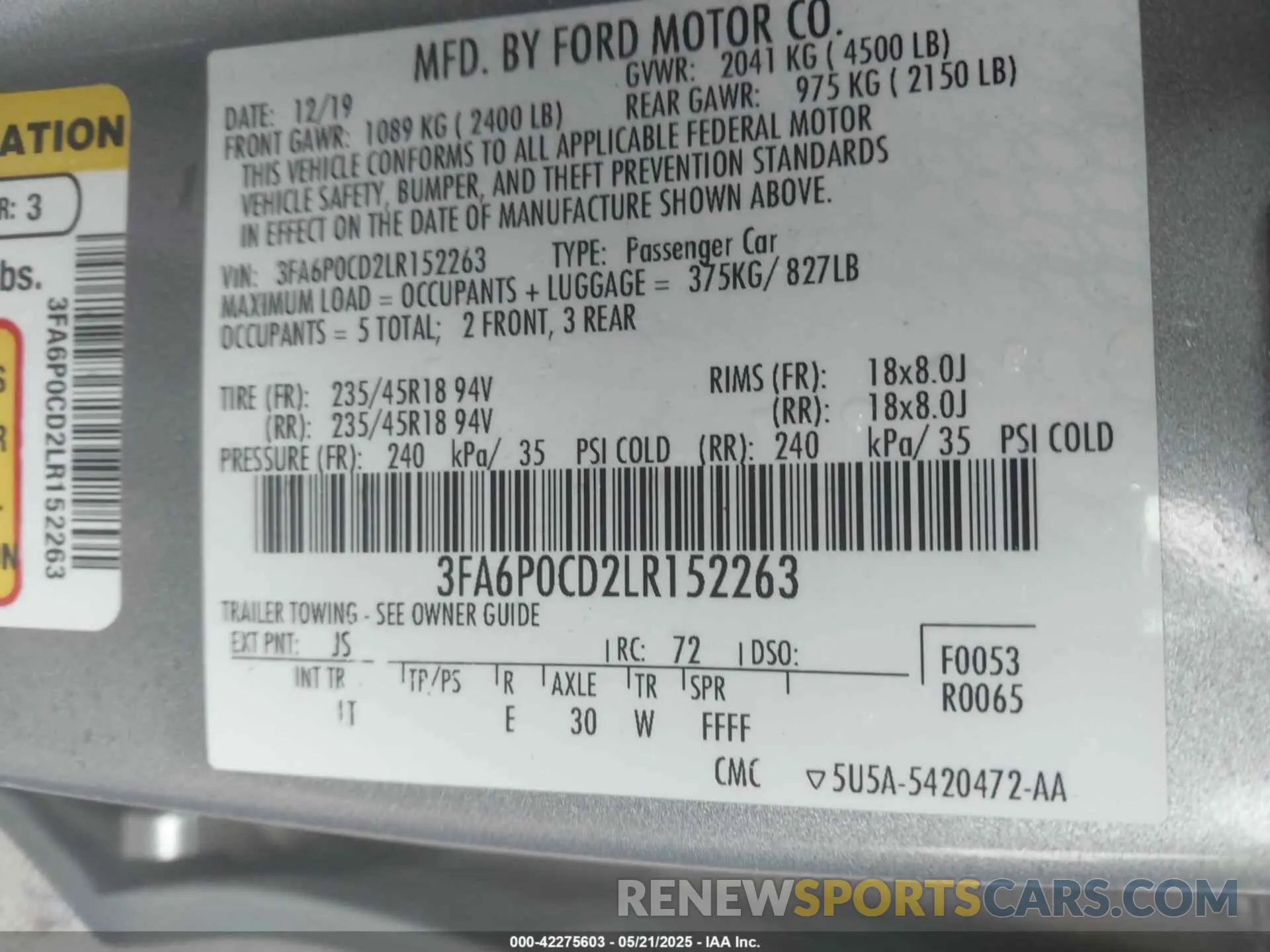 9 Photograph of a damaged car 3FA6P0CD2LR152263 FORD FUSION 2020