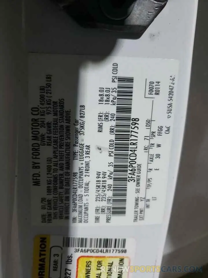 13 Фотография поврежденного автомобиля 3FA6P0CD4LR177598 FORD FUSION 2020