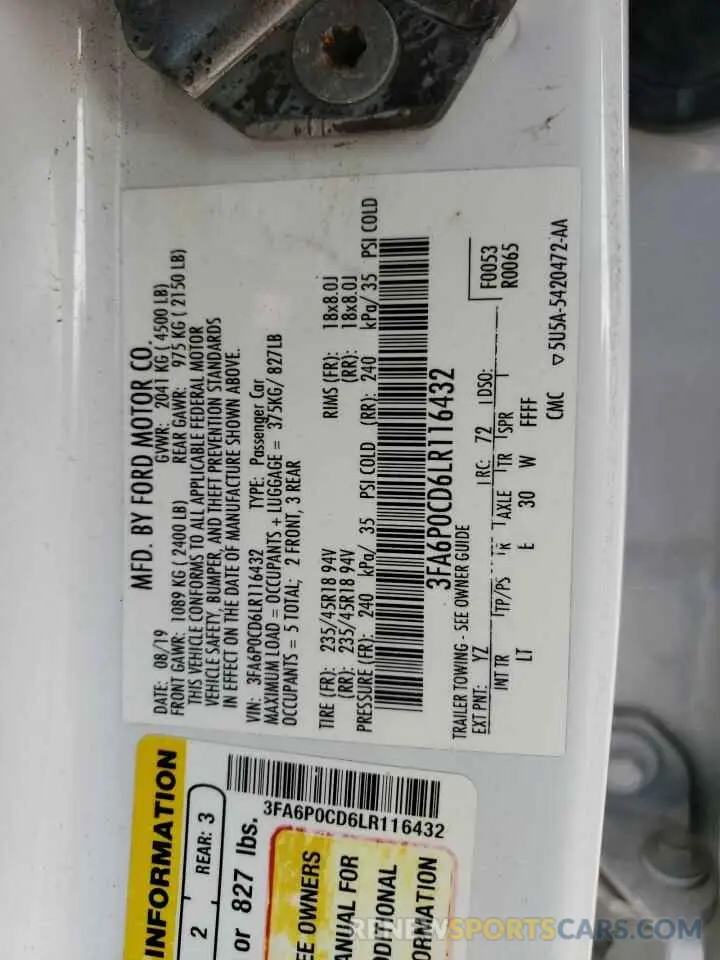 12 Фотография поврежденного автомобиля 3FA6P0CD6LR116432 FORD FUSION 2020
