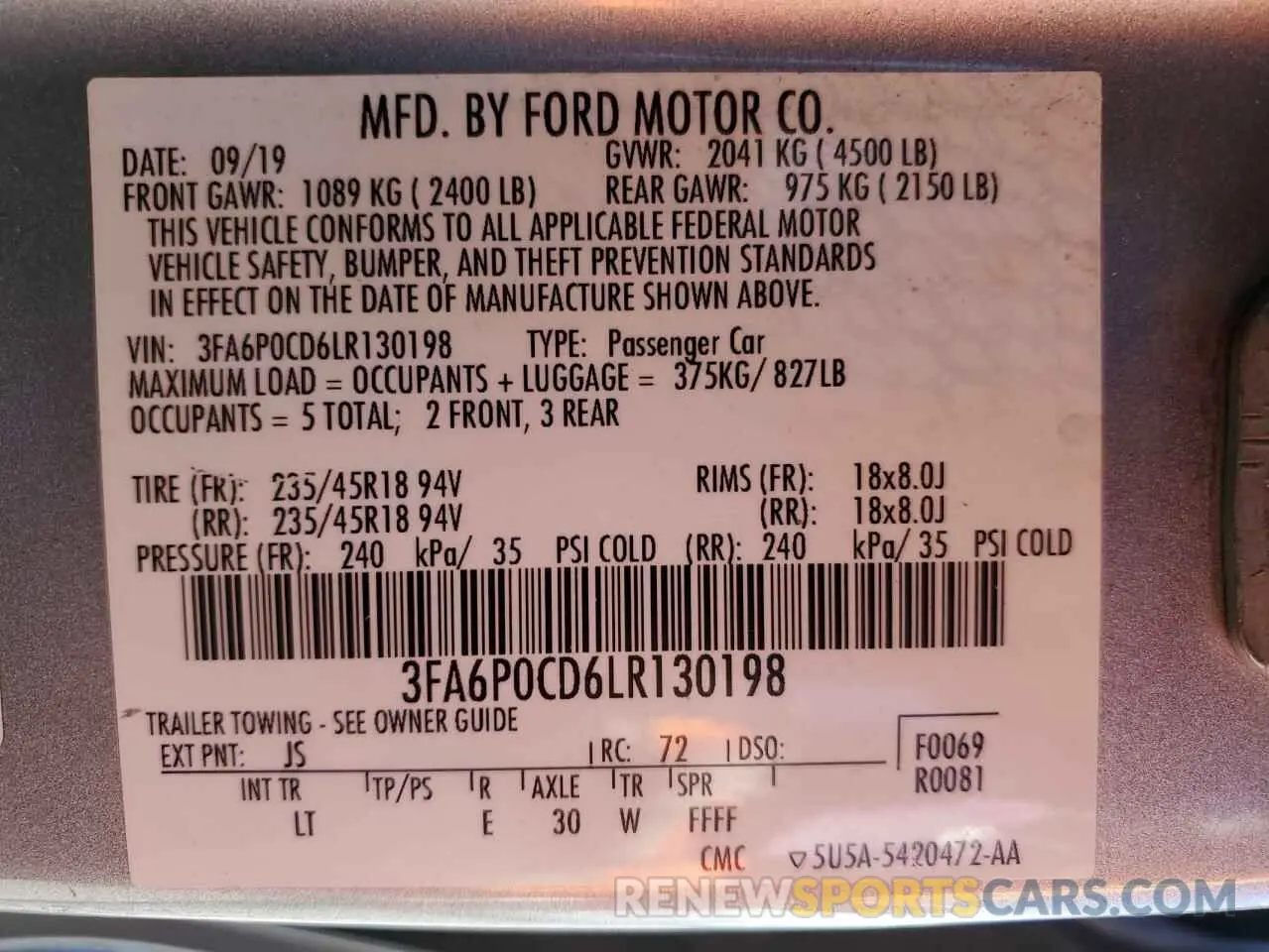 13 Фотография поврежденного автомобиля 3FA6P0CD6LR130198 FORD FUSION 2020