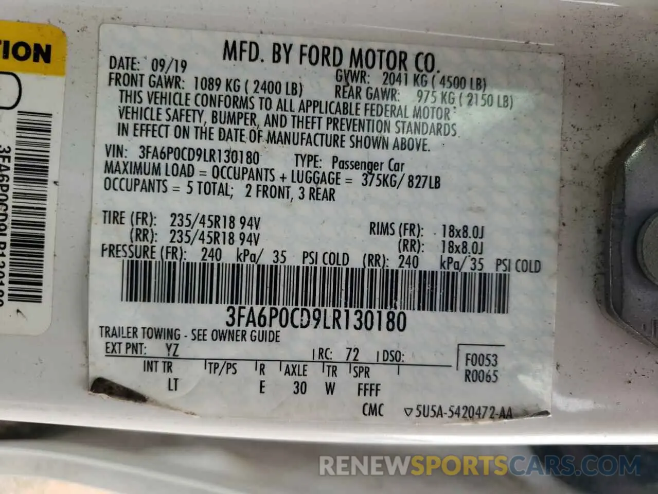 12 Photograph of a damaged car 3FA6P0CD9LR130180 FORD FUSION 2020
