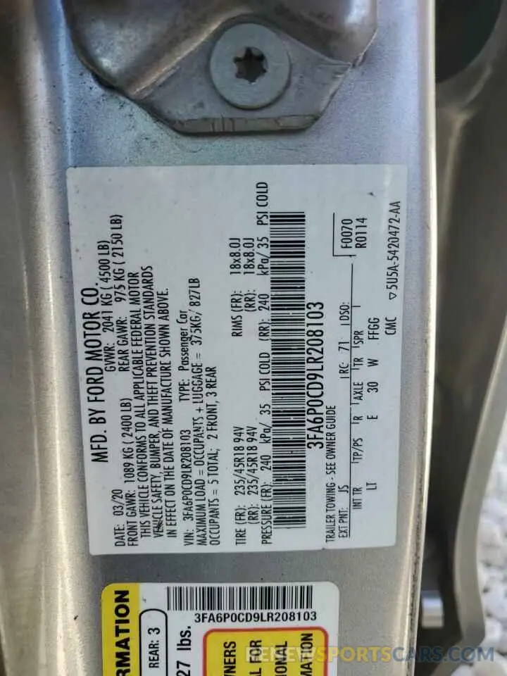 12 Фотография поврежденного автомобиля 3FA6P0CD9LR208103 FORD FUSION 2020
