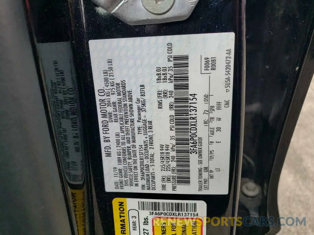 12 Фотография поврежденного автомобиля 3FA6P0CDXLR137154 FORD FUSION 2020