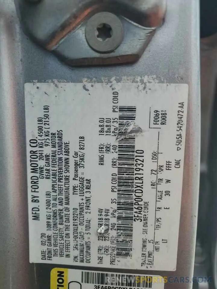 12 Photograph of a damaged car 3FA6P0CDXLR193210 FORD FUSION 2020