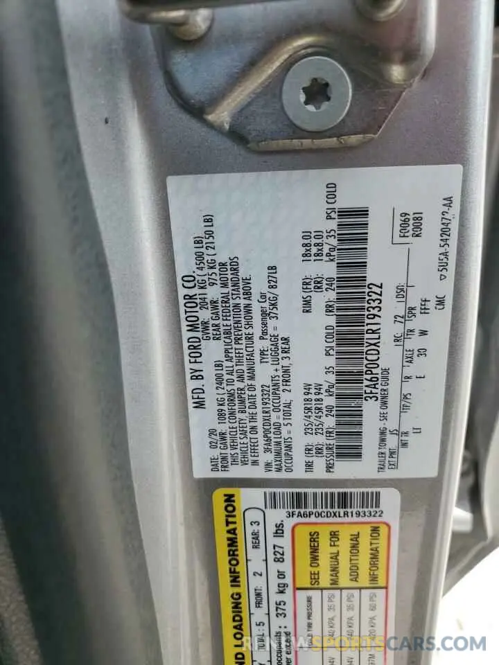 13 Фотография поврежденного автомобиля 3FA6P0CDXLR193322 FORD FUSION 2020