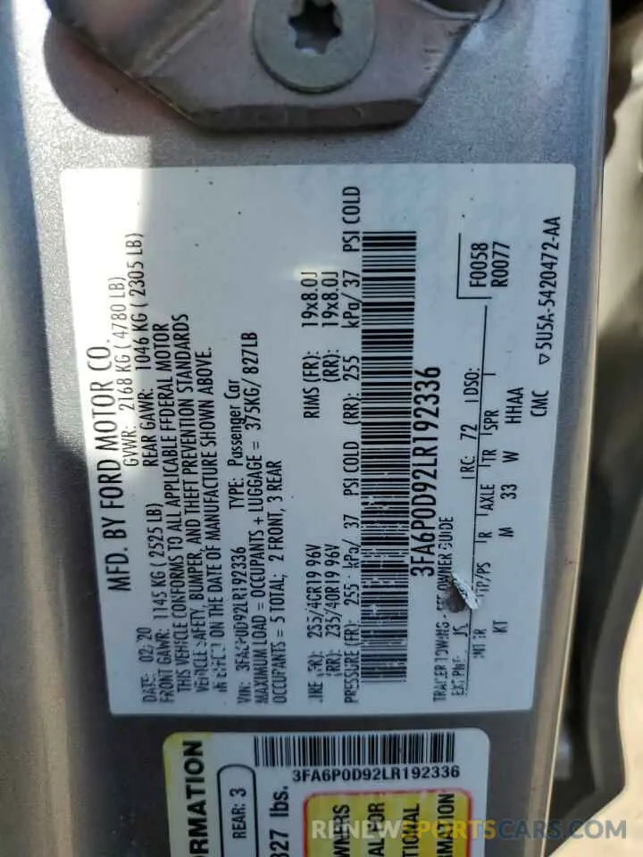 12 Фотография поврежденного автомобиля 3FA6P0D92LR192336 FORD FUSION 2020