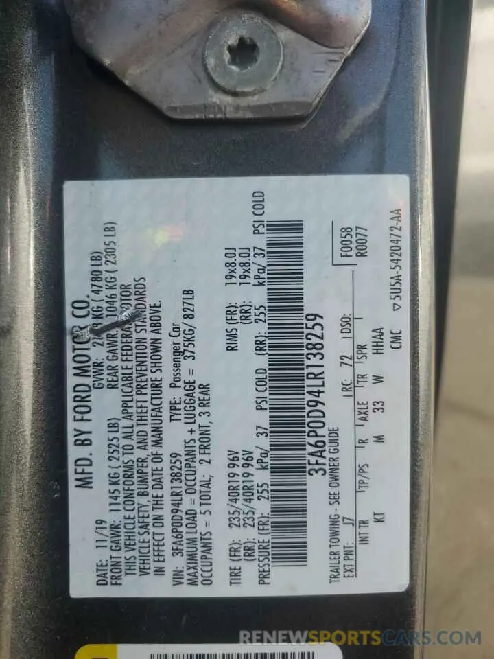 12 Фотография поврежденного автомобиля 3FA6P0D94LR138259 FORD FUSION 2020