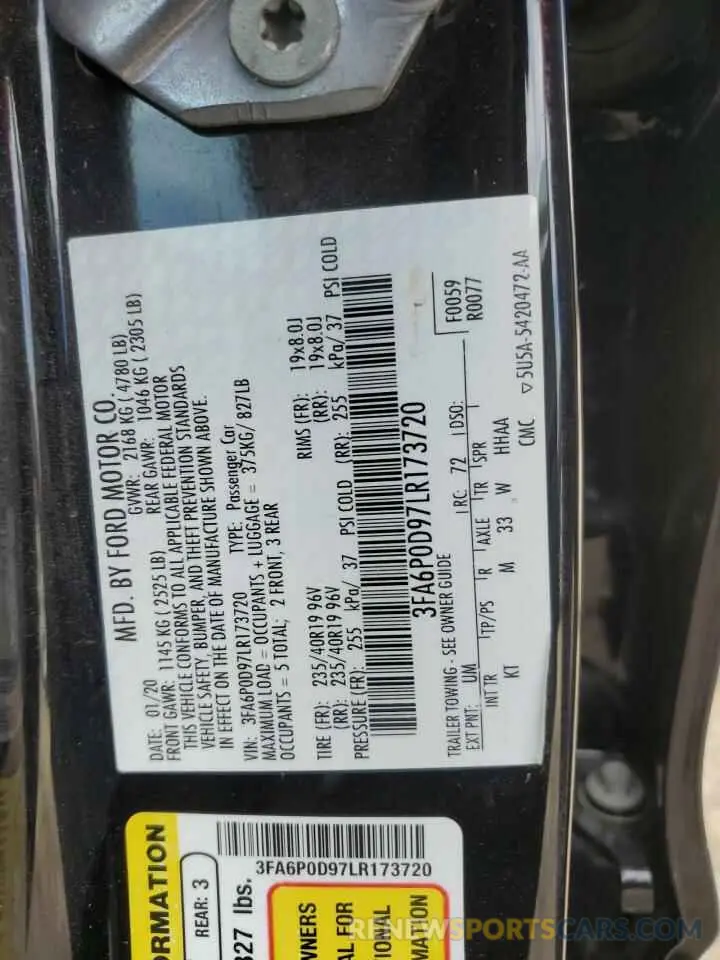 12 Photograph of a damaged car 3FA6P0D97LR173720 FORD FUSION 2020
