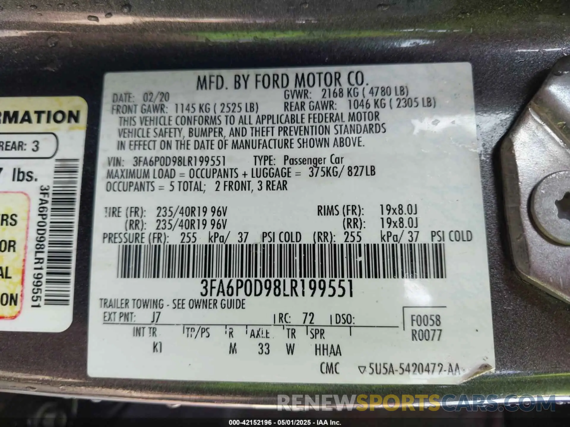 9 Фотография поврежденного автомобиля 3FA6P0D98LR199551 FORD FUSION 2020