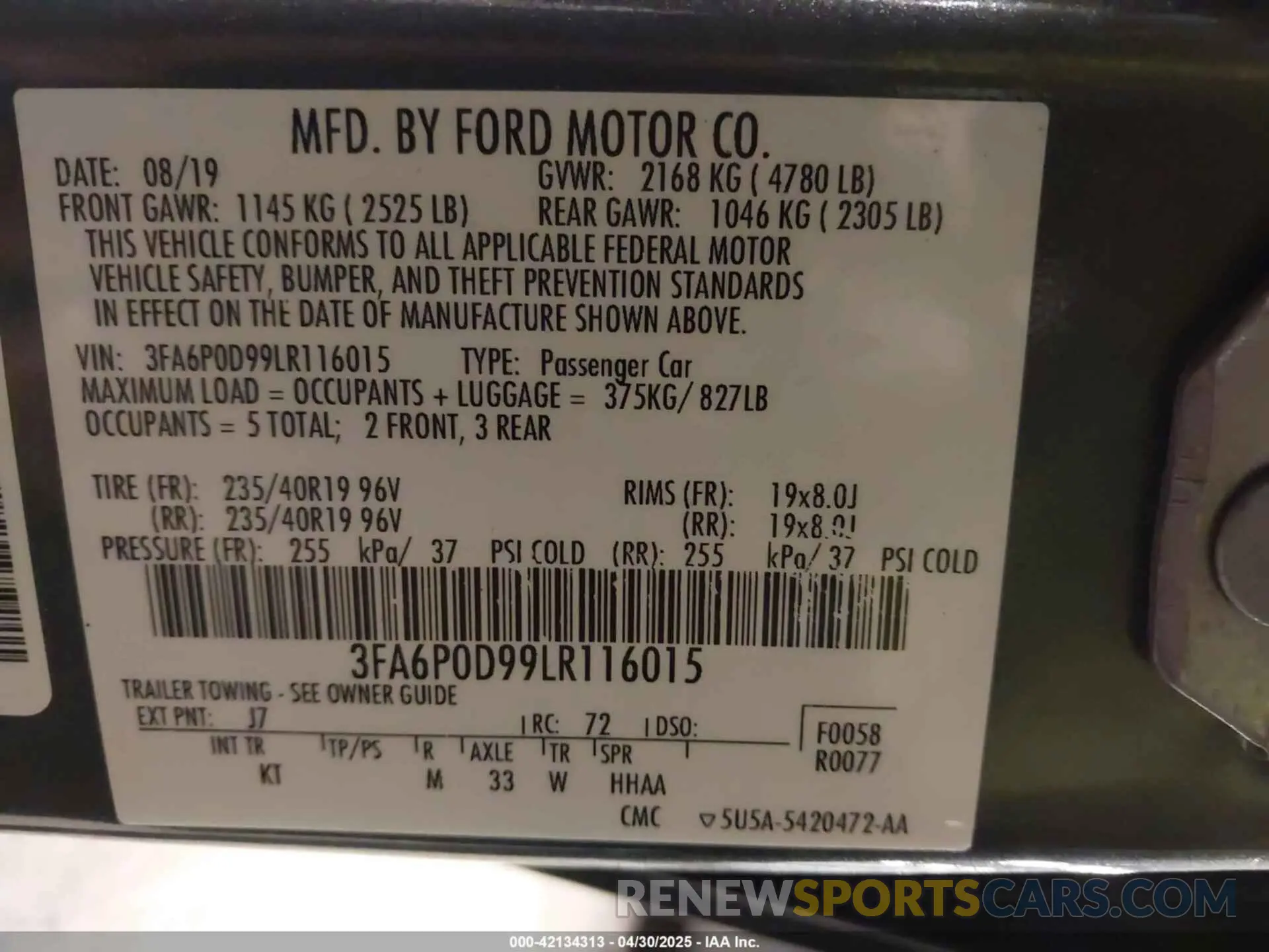 9 Фотография поврежденного автомобиля 3FA6P0D99LR116015 FORD FUSION 2020