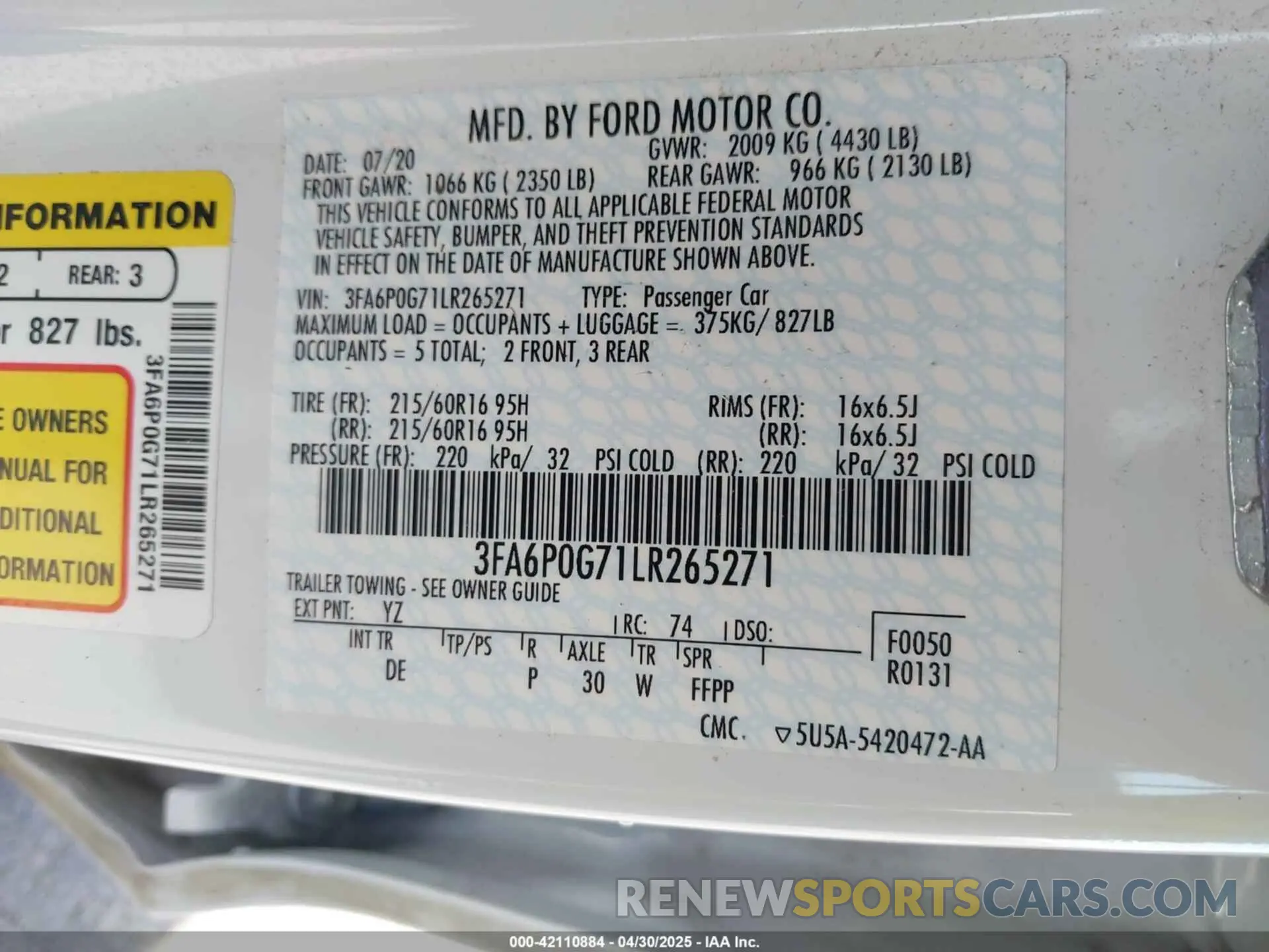 9 Фотография поврежденного автомобиля 3FA6P0G71LR265271 FORD FUSION 2020