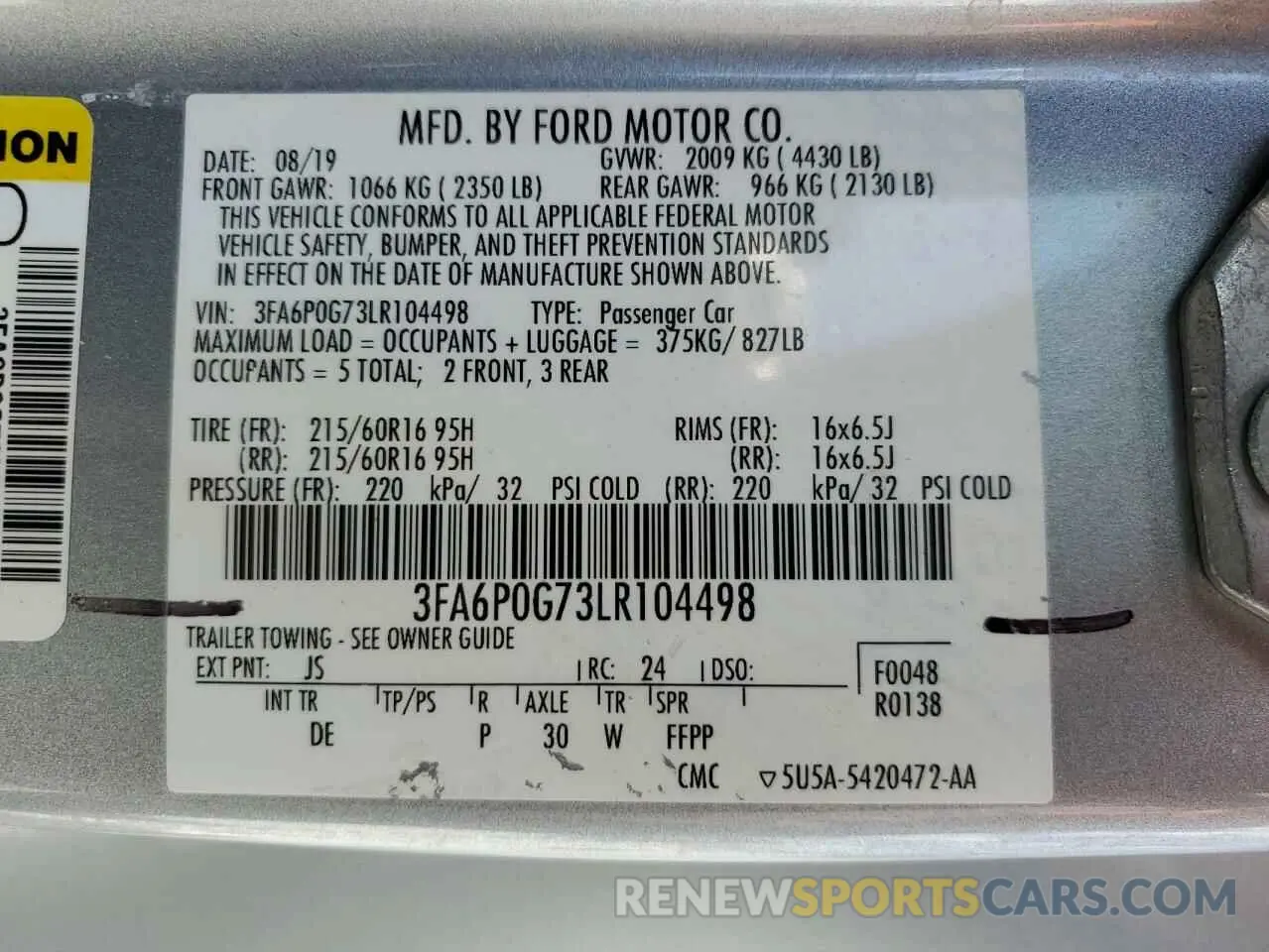 13 Photograph of a damaged car 3FA6P0G73LR104498 FORD FUSION 2020
