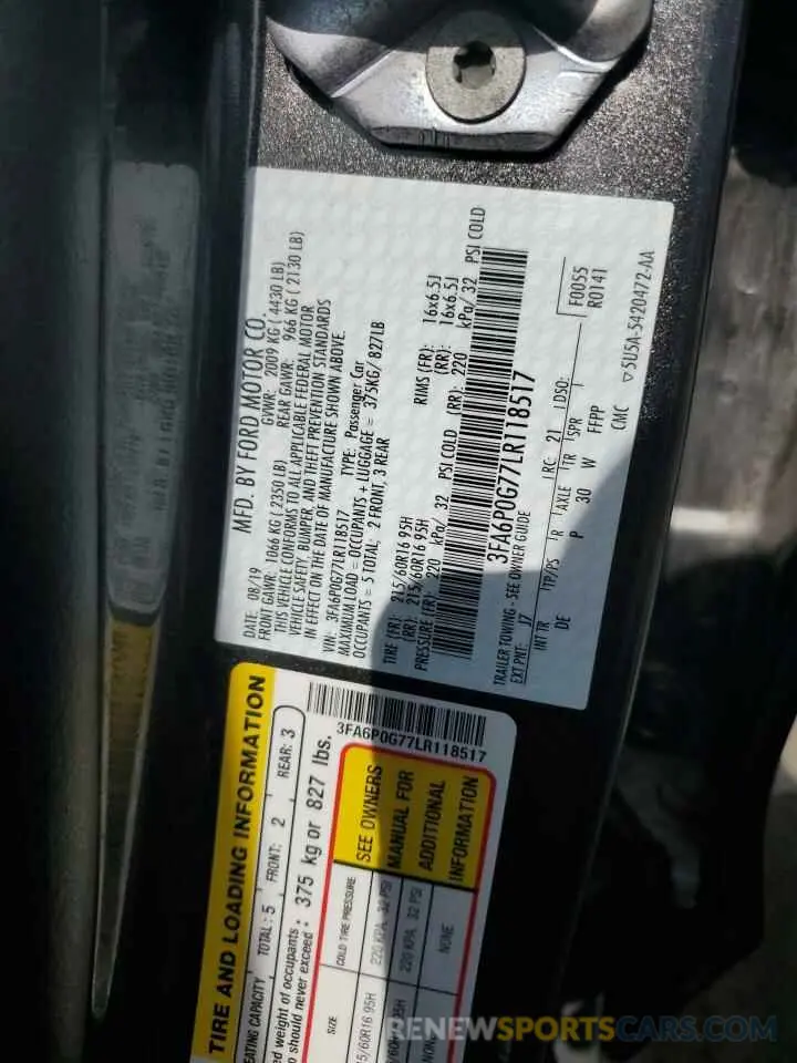 12 Фотография поврежденного автомобиля 3FA6P0G77LR118517 FORD FUSION 2020