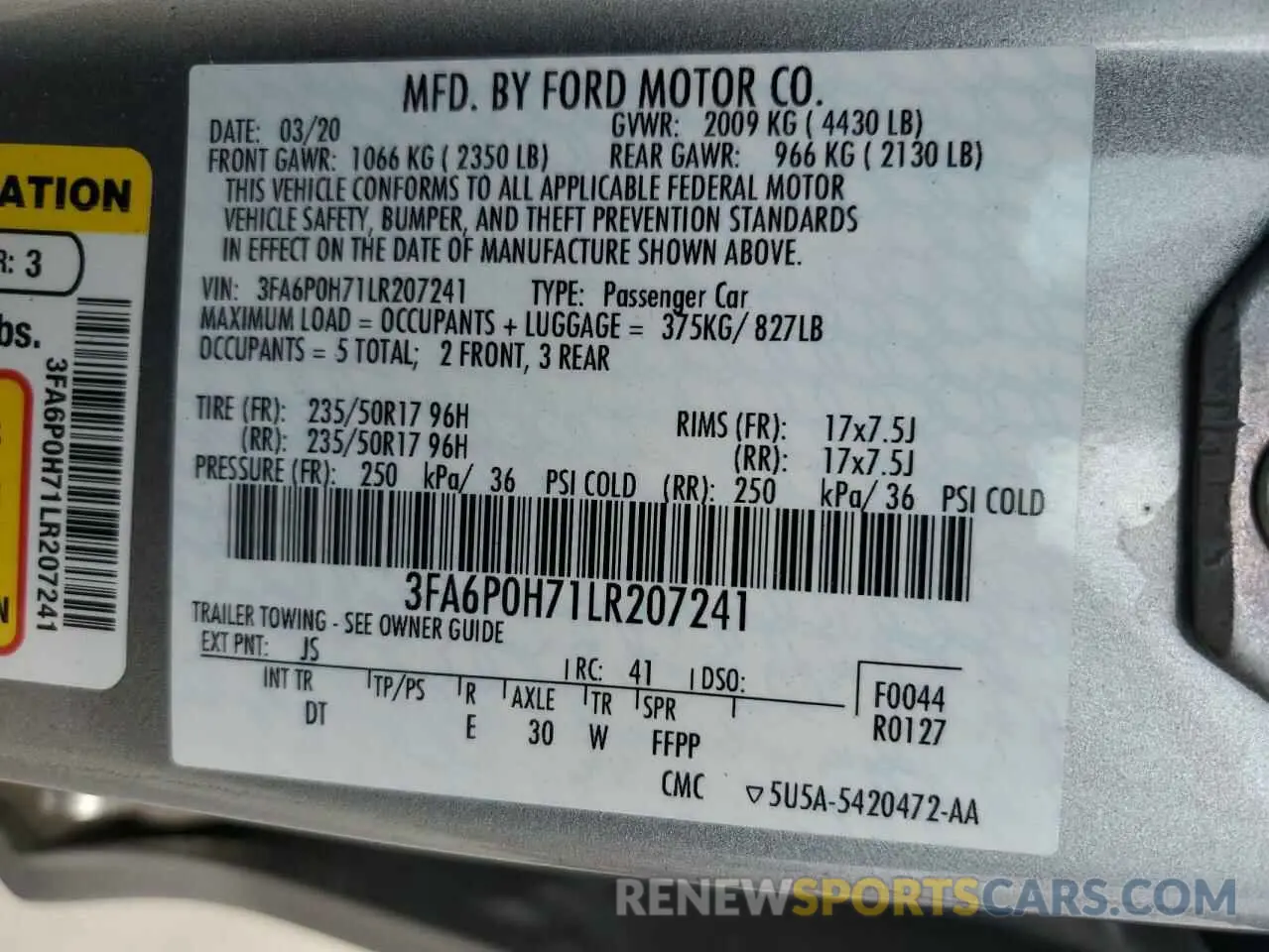 12 Фотография поврежденного автомобиля 3FA6P0H71LR207241 FORD FUSION 2020