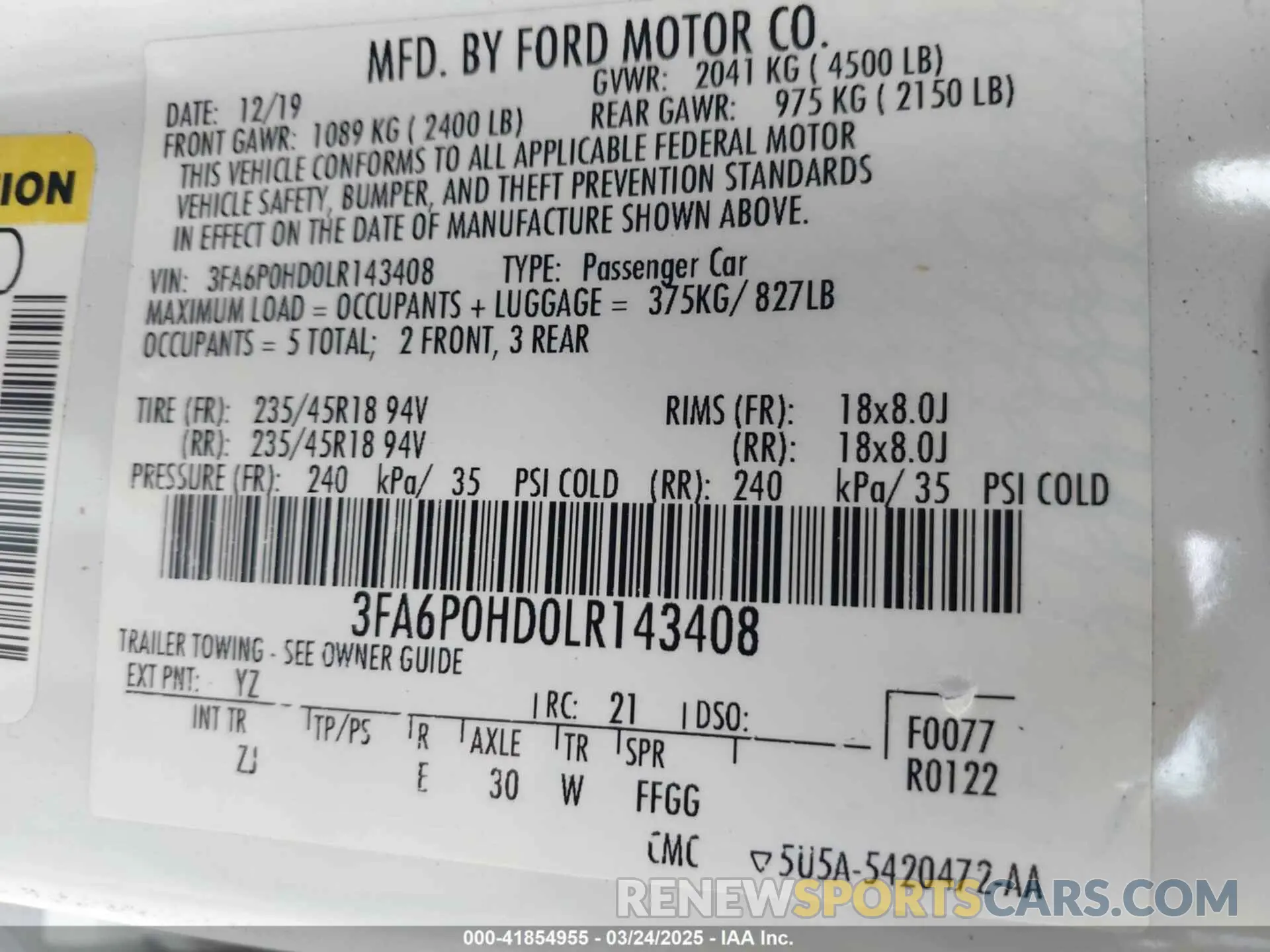 9 Фотография поврежденного автомобиля 3FA6P0HD0LR143408 FORD FUSION 2020