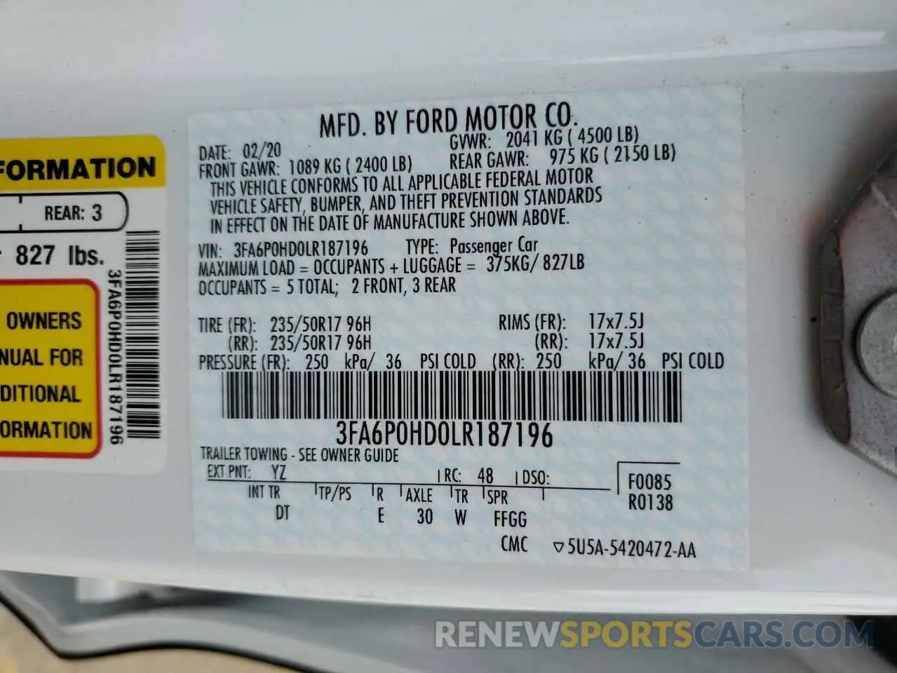 12 Photograph of a damaged car 3FA6P0HD0LR187196 FORD FUSION 2020