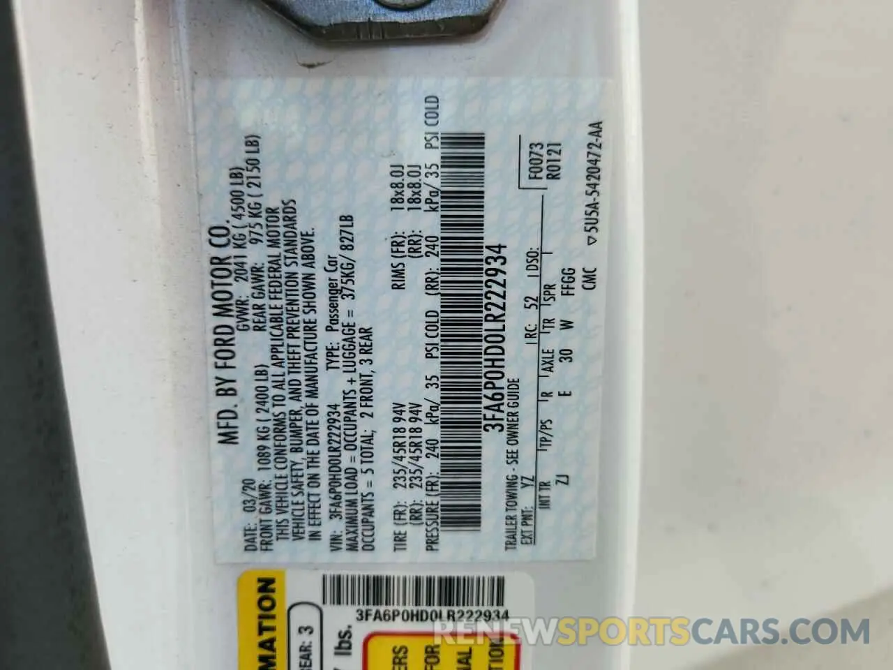 12 Photograph of a damaged car 3FA6P0HD0LR222934 FORD FUSION 2020
