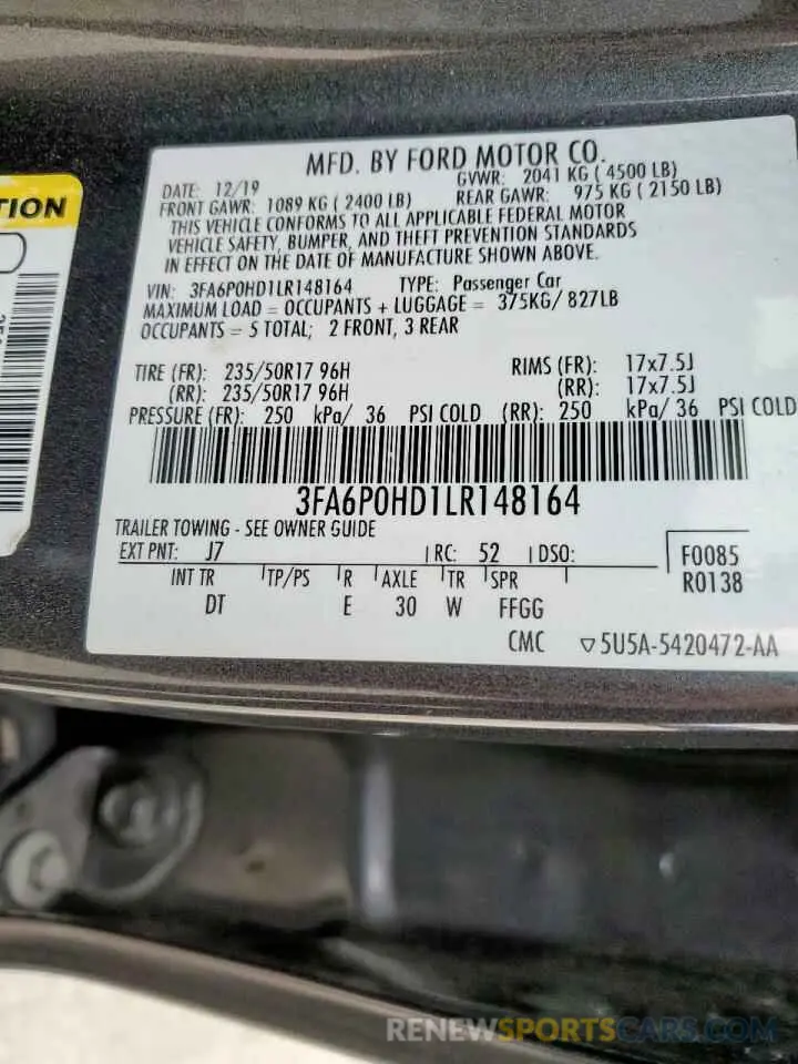 12 Фотография поврежденного автомобиля 3FA6P0HD1LR148164 FORD FUSION 2020