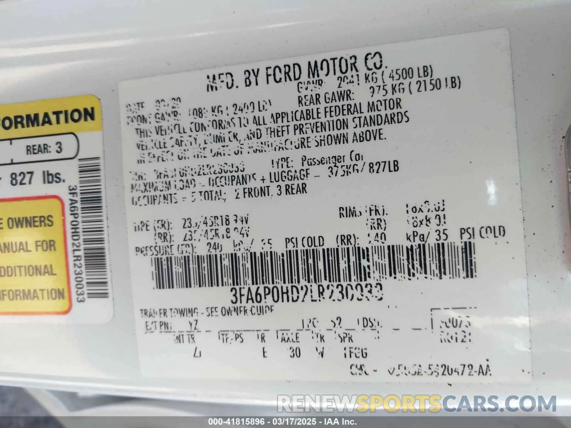 9 Photograph of a damaged car 3FA6P0HD2LR230033 FORD FUSION 2020