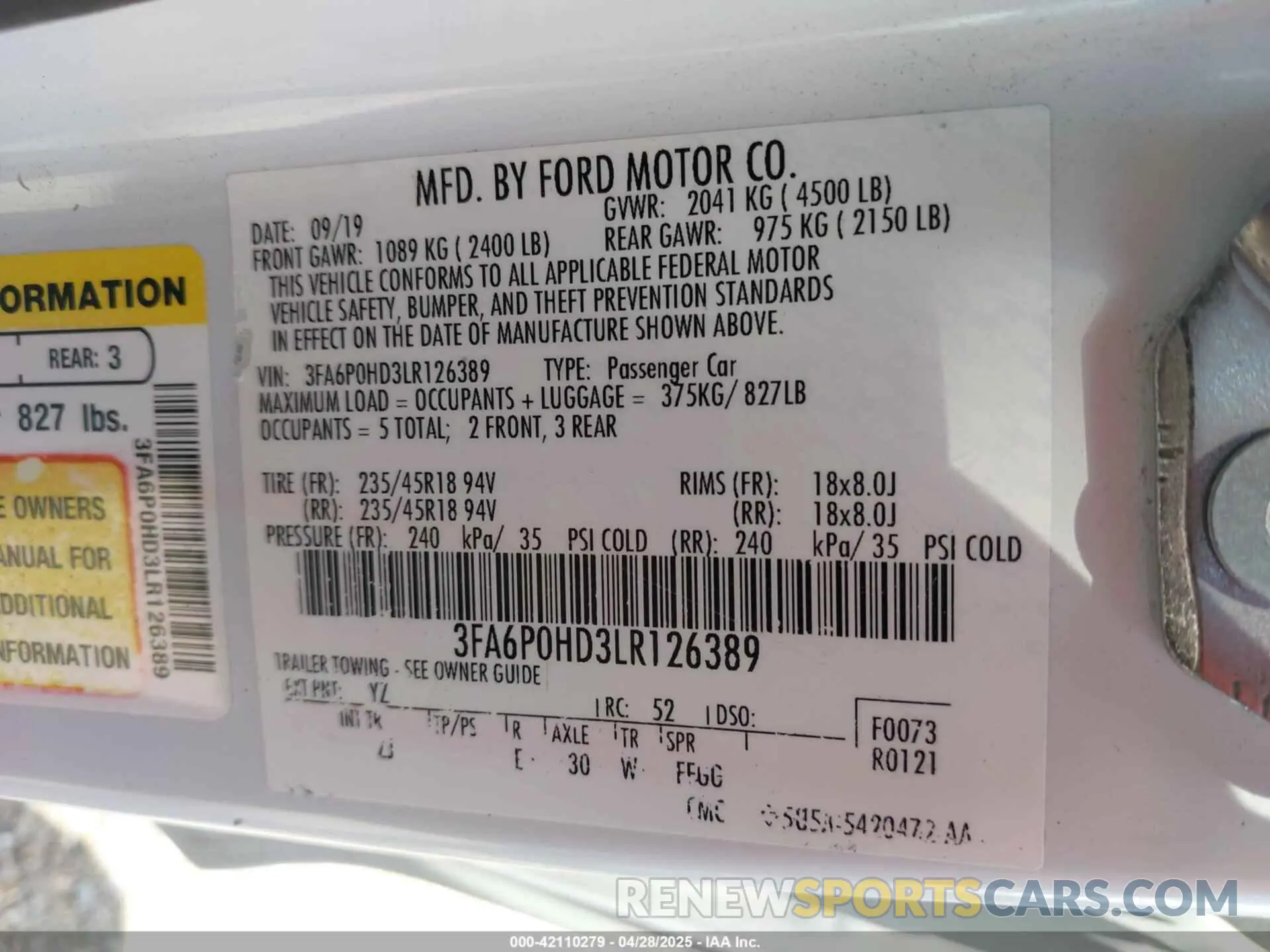 9 Photograph of a damaged car 3FA6P0HD3LR126389 FORD FUSION 2020