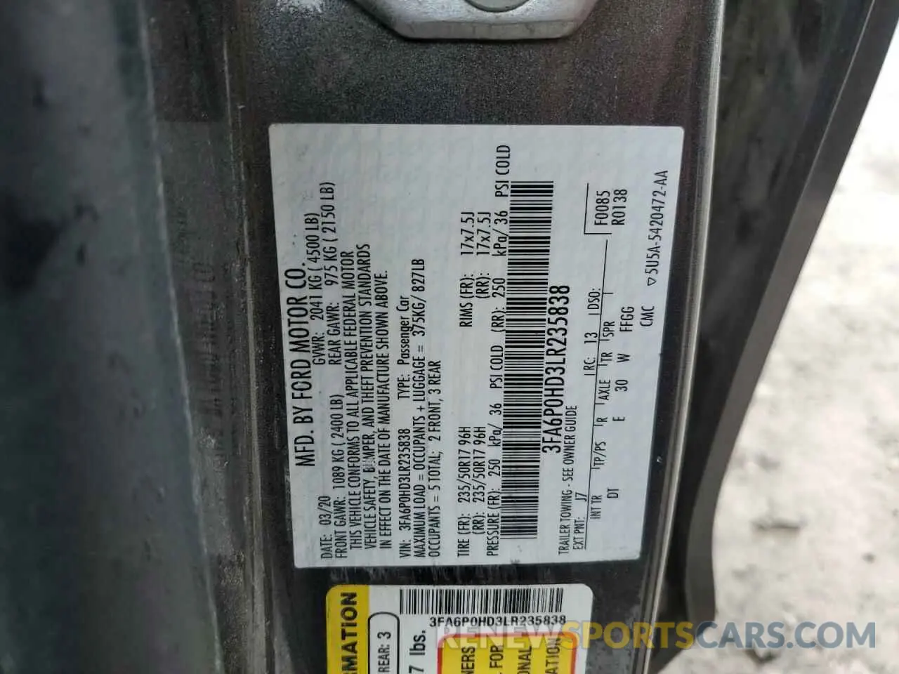 14 Фотография поврежденного автомобиля 3FA6P0HD3LR235838 FORD FUSION 2020
