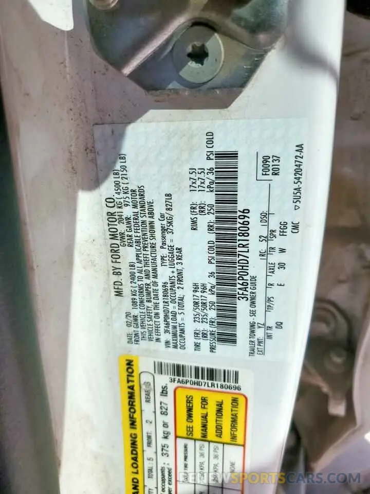 12 Photograph of a damaged car 3FA6P0HD7LR180696 FORD FUSION 2020