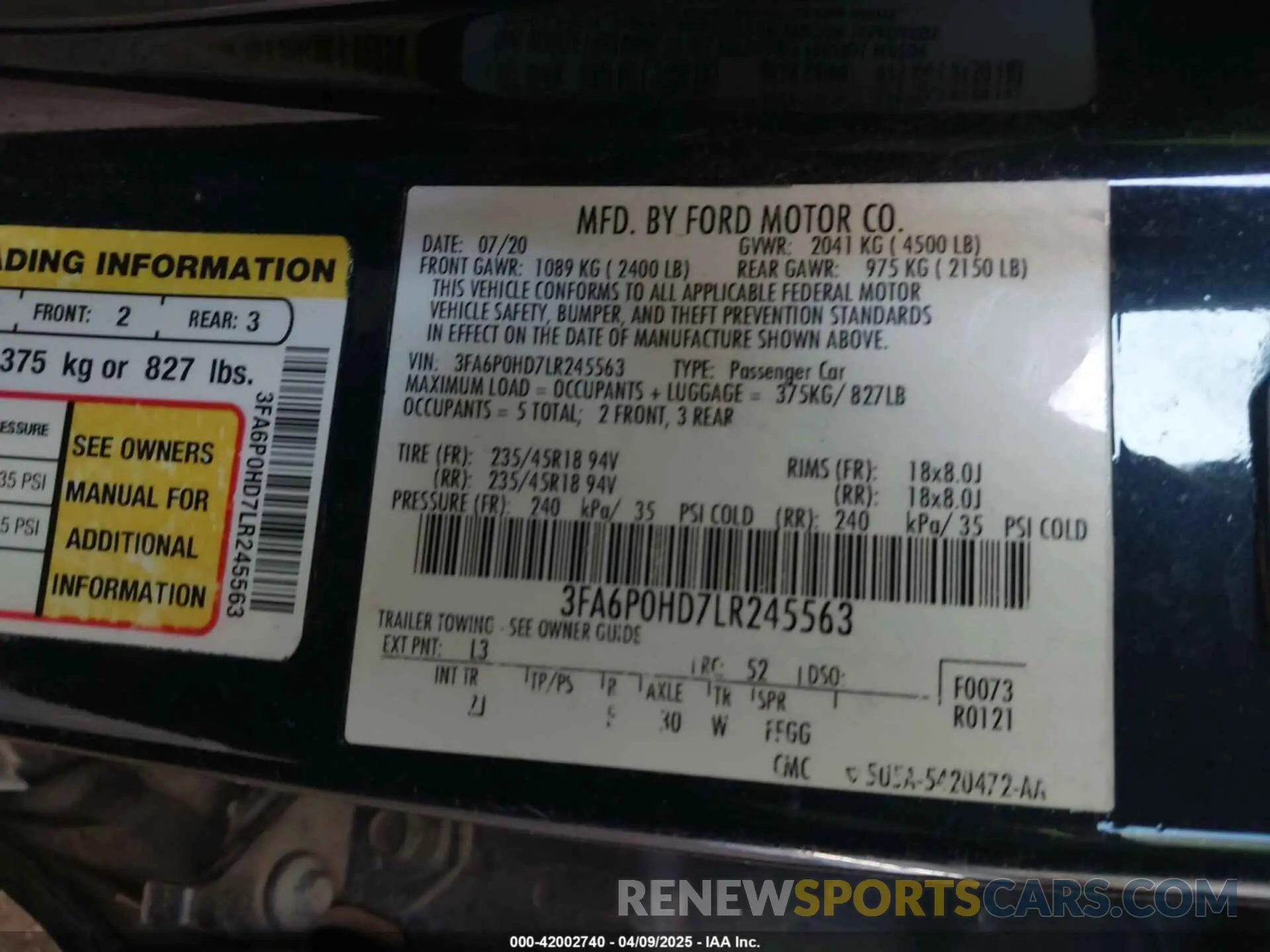 9 Photograph of a damaged car 3FA6P0HD7LR245563 FORD FUSION 2020