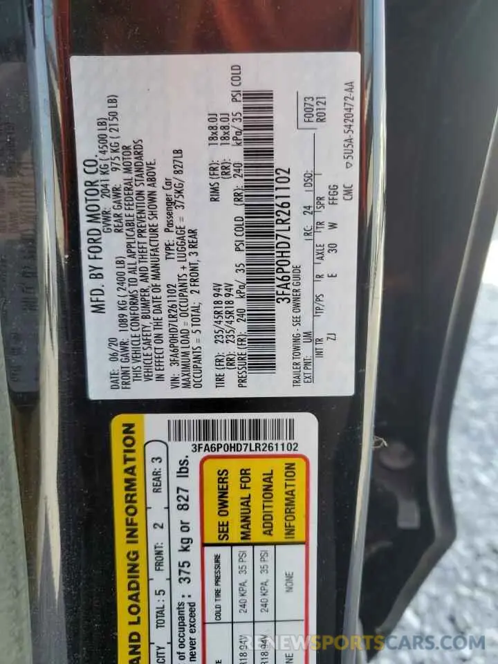 12 Фотография поврежденного автомобиля 3FA6P0HD7LR261102 FORD FUSION 2020