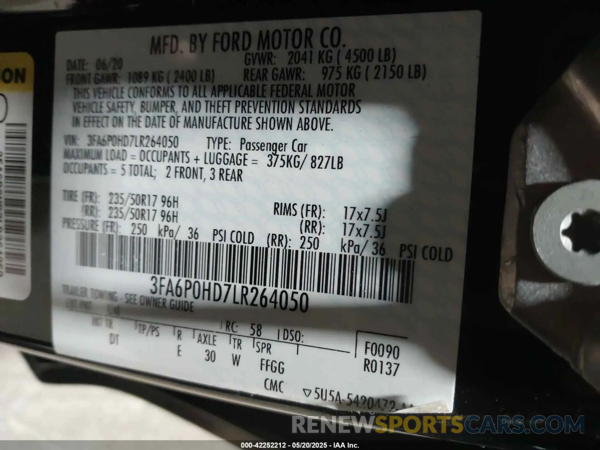 9 Photograph of a damaged car 3FA6P0HD7LR264050 FORD FUSION 2020