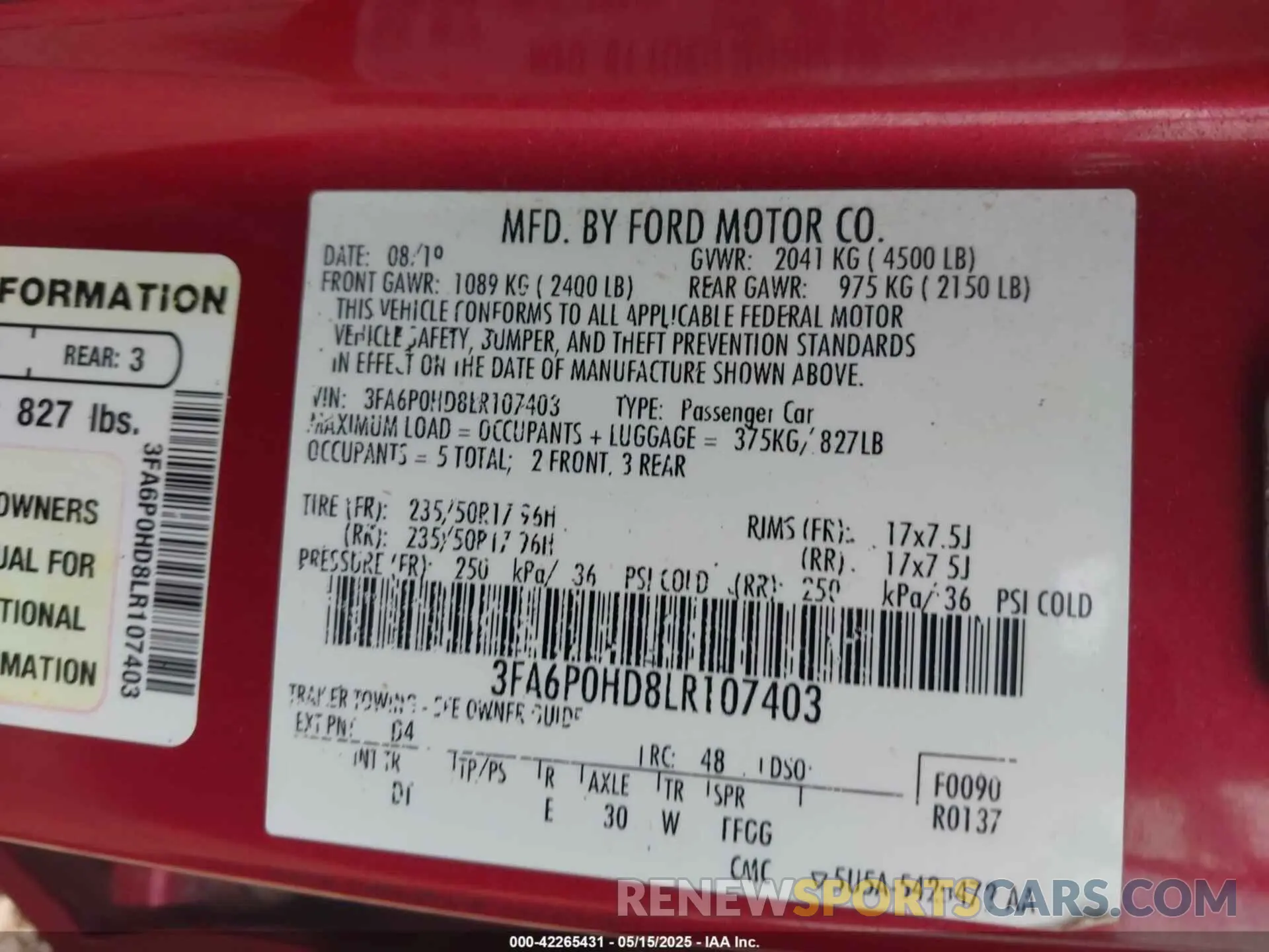 9 Photograph of a damaged car 3FA6P0HD8LR107403 FORD FUSION 2020