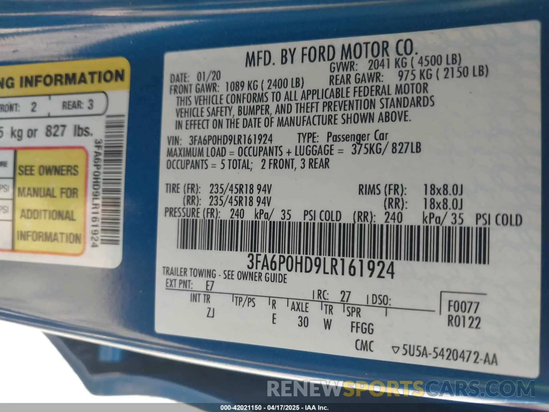 9 Photograph of a damaged car 3FA6P0HD9LR161924 FORD FUSION 2020