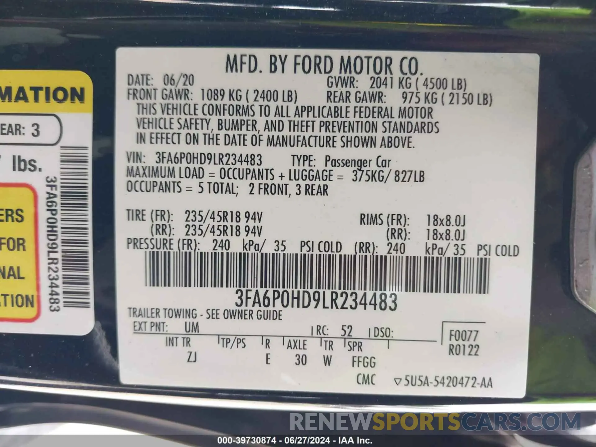 9 Фотография поврежденного автомобиля 3FA6P0HD9LR234483 FORD FUSION 2020