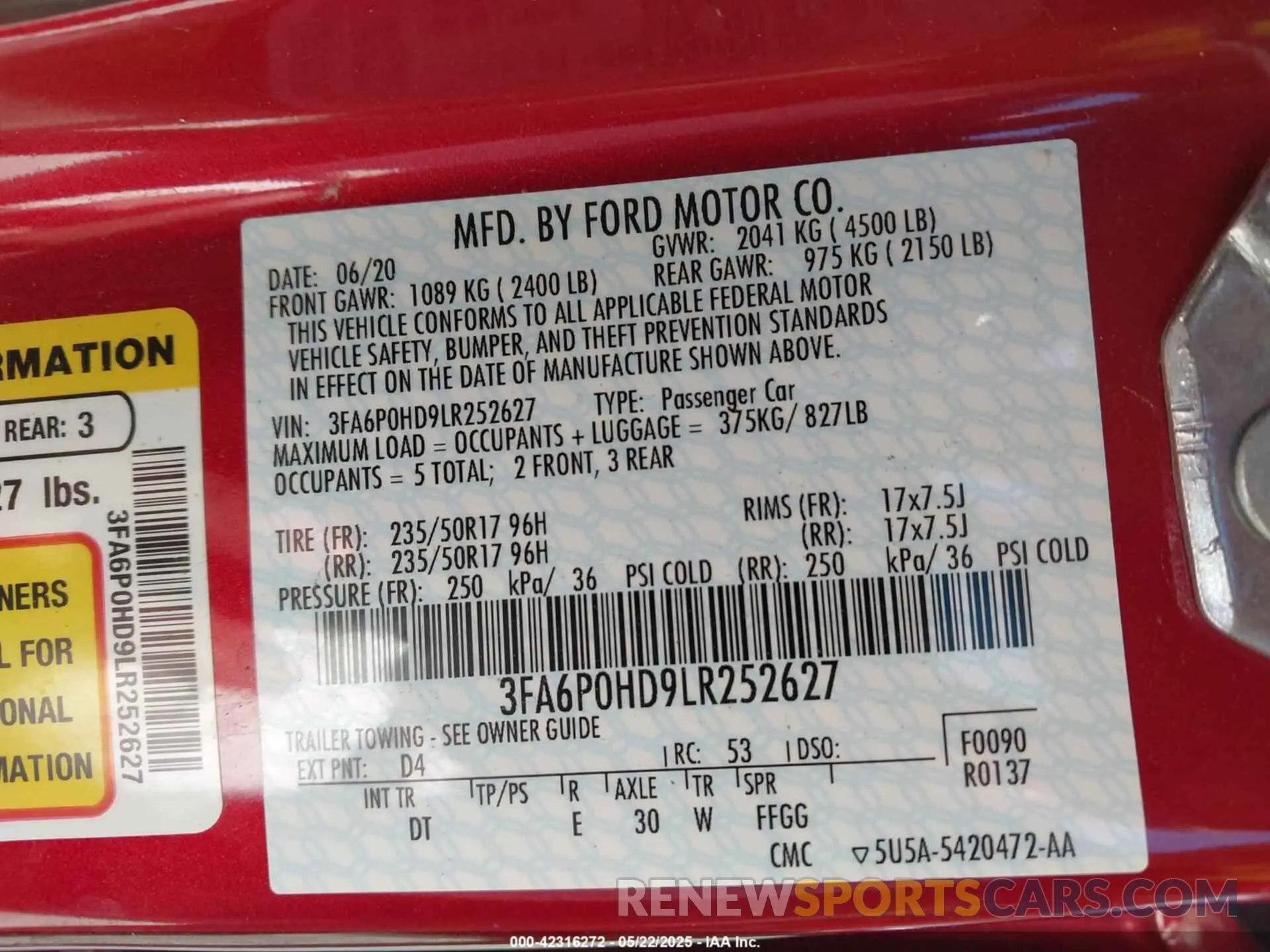 9 Photograph of a damaged car 3FA6P0HD9LR252627 FORD FUSION 2020