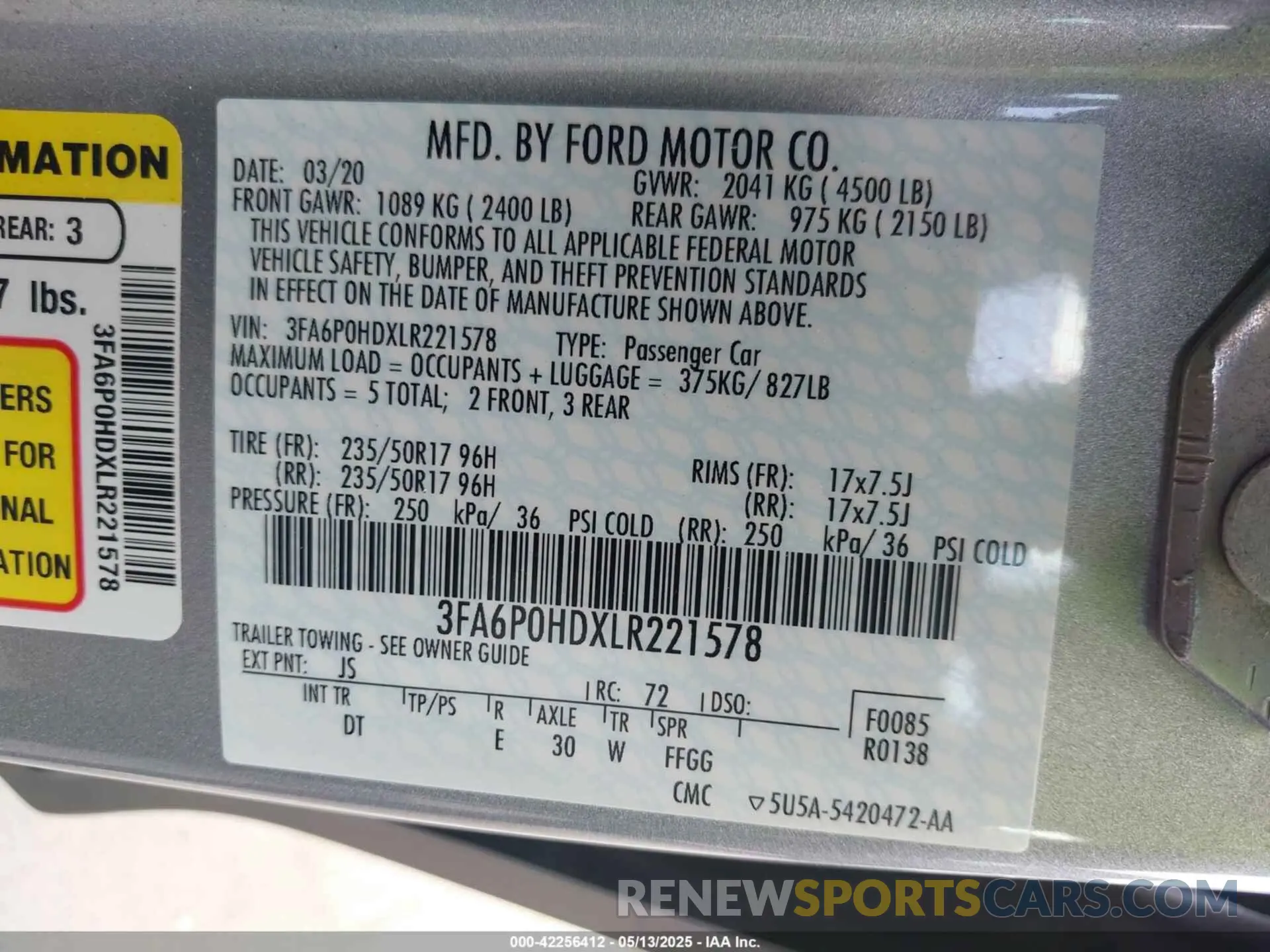 9 Фотография поврежденного автомобиля 3FA6P0HDXLR221578 FORD FUSION 2020