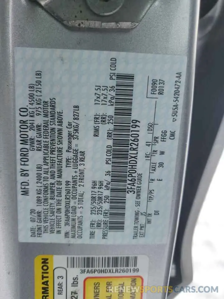 12 Фотография поврежденного автомобиля 3FA6P0HDXLR260199 FORD FUSION 2020