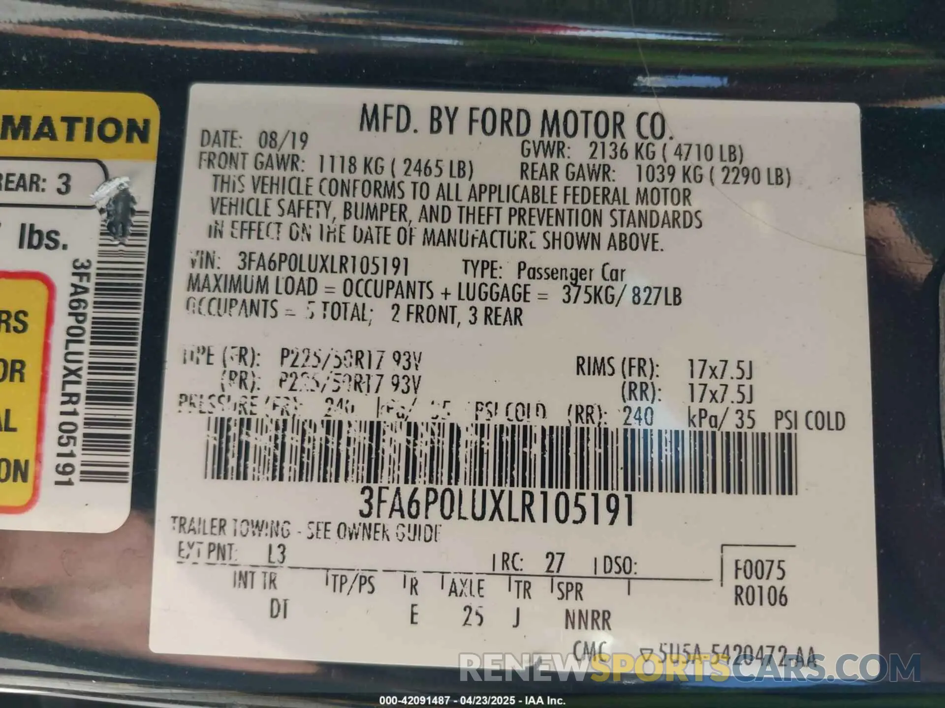 9 Фотография поврежденного автомобиля 3FA6P0LUXLR105191 FORD FUSION 2020