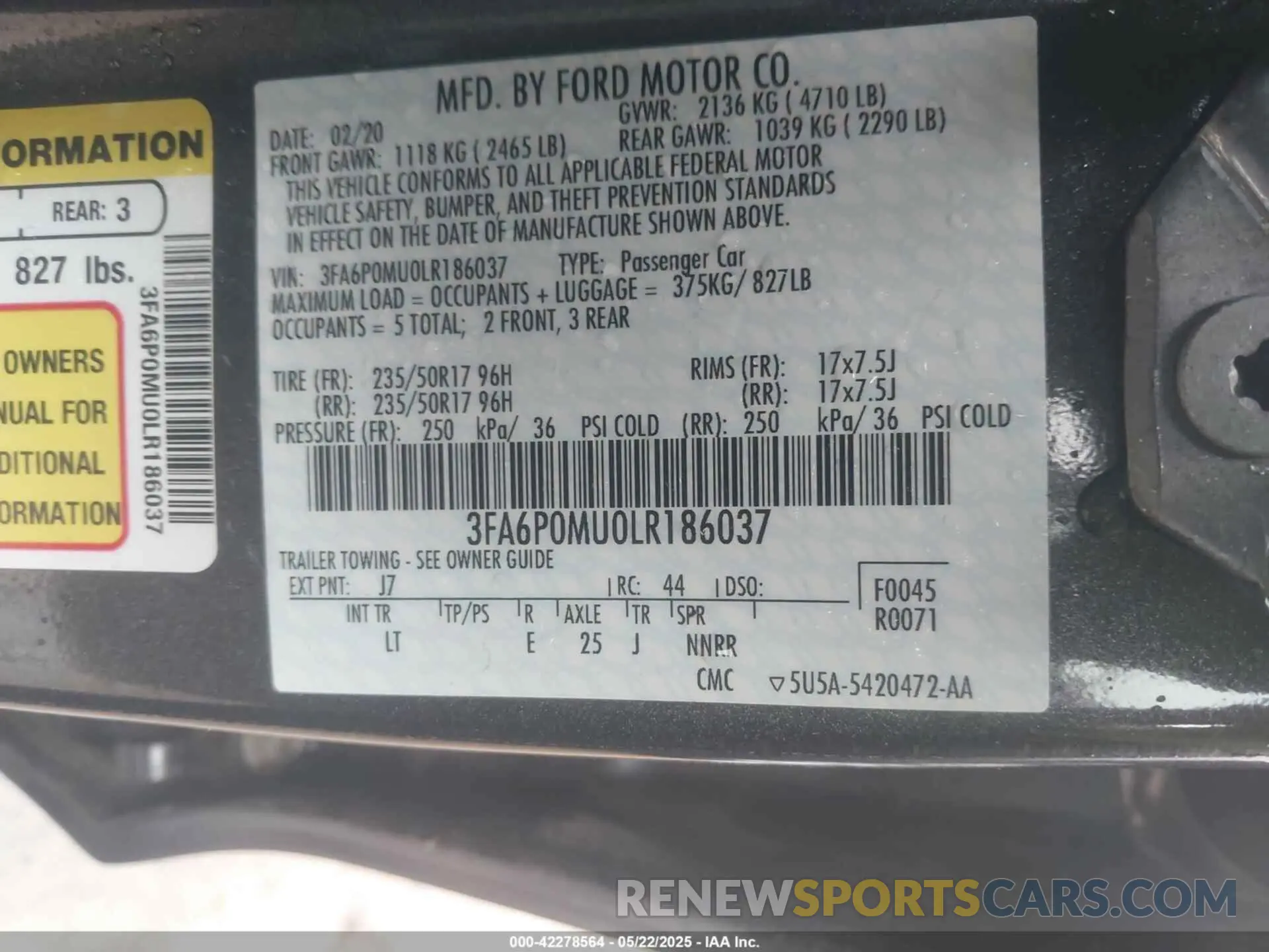 9 Photograph of a damaged car 3FA6P0MU0LR186037 FORD FUSION 2020